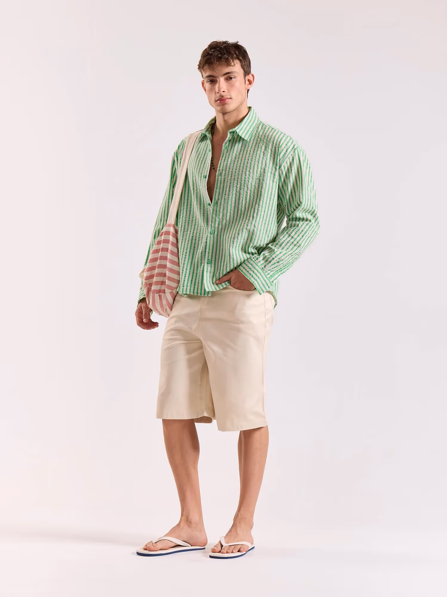 Green & Pink Seersucker Oversized Cropped Shirt image 4