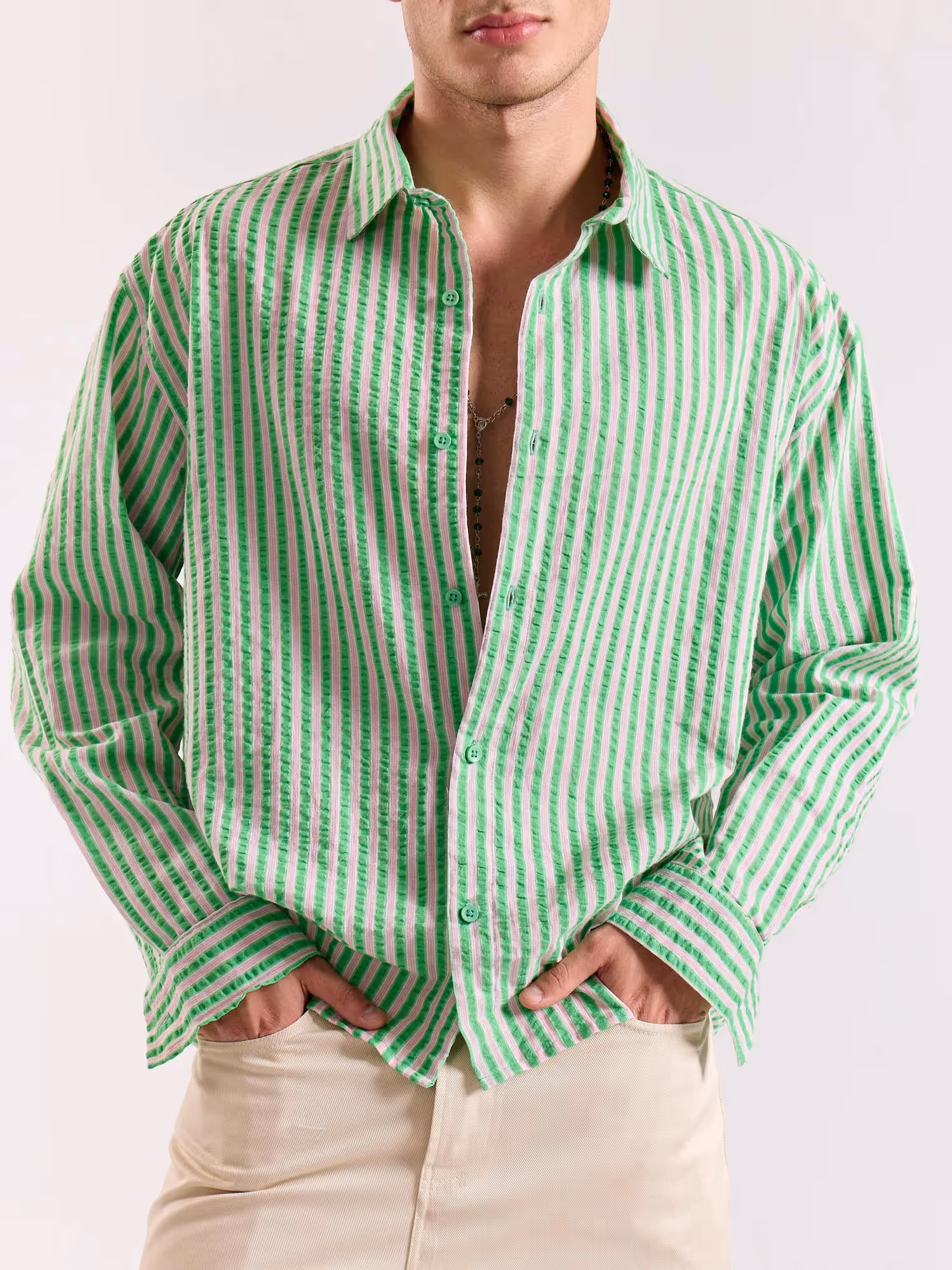Green & Pink Seersucker Oversized Cropped Shirt image 5