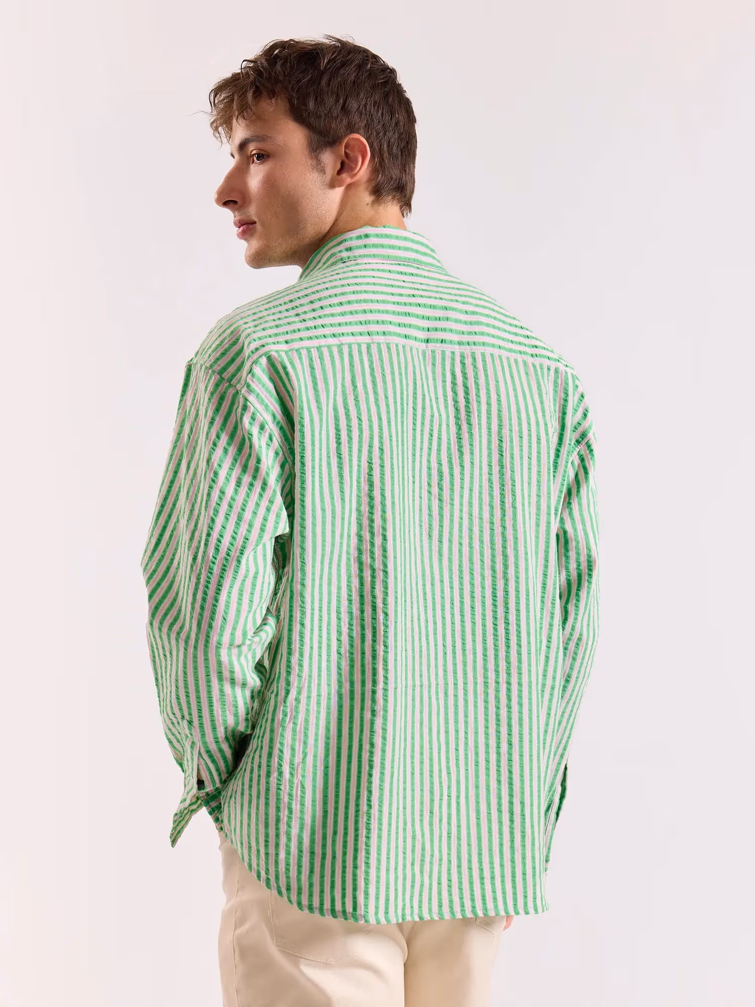Green & Pink Seersucker Oversized Cropped Shirt image 6