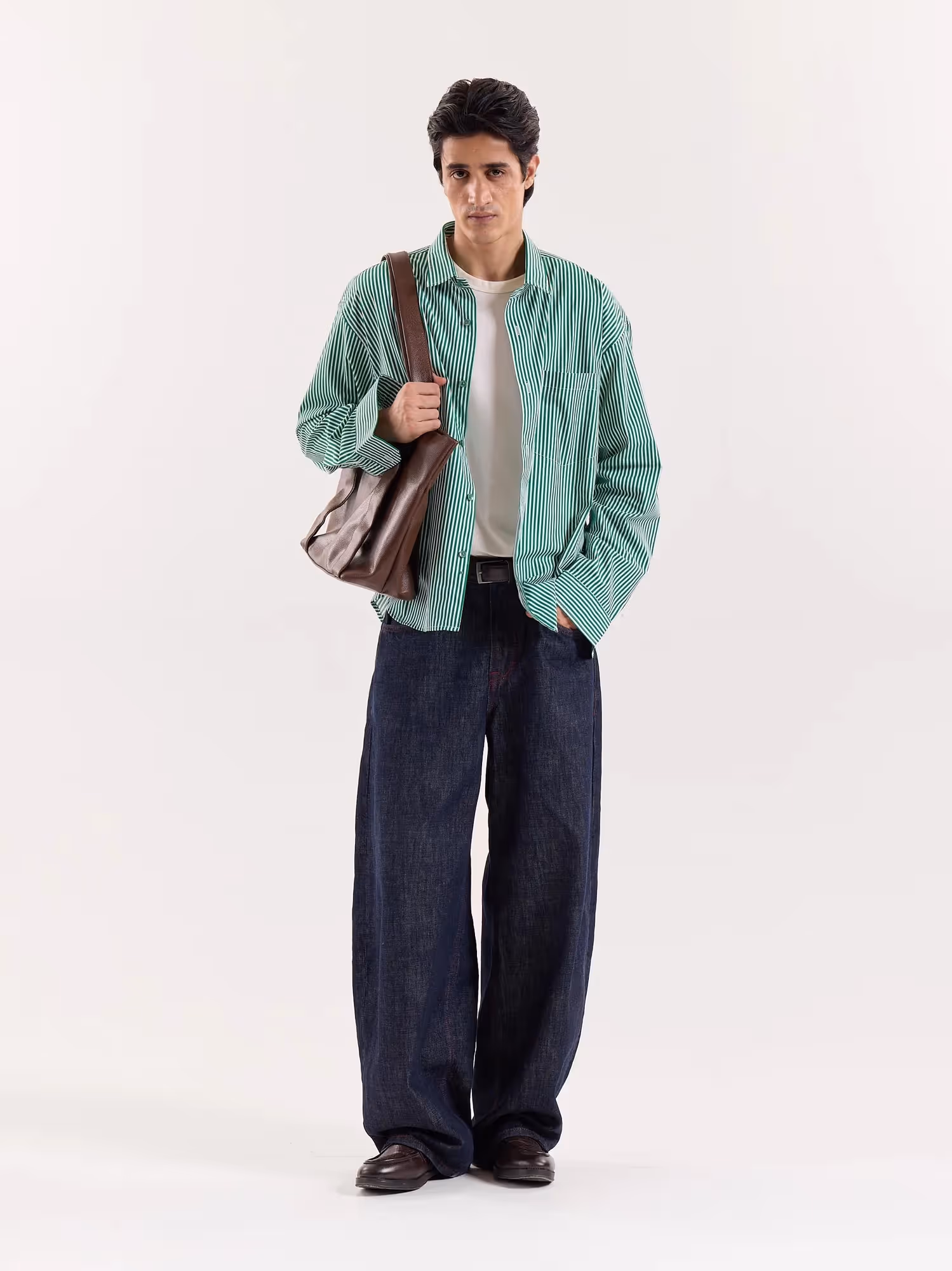 Green & White Bengal Striped Cropped Shirt image 1