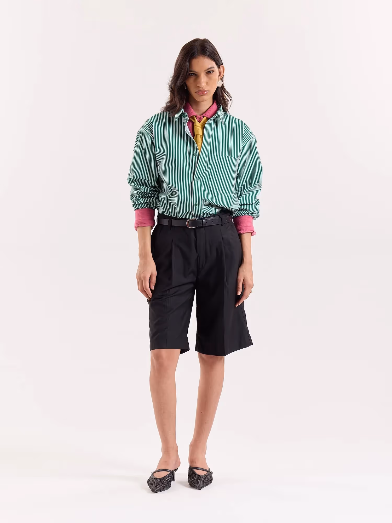 Green & White Bengal Striped Cropped Shirt image 2