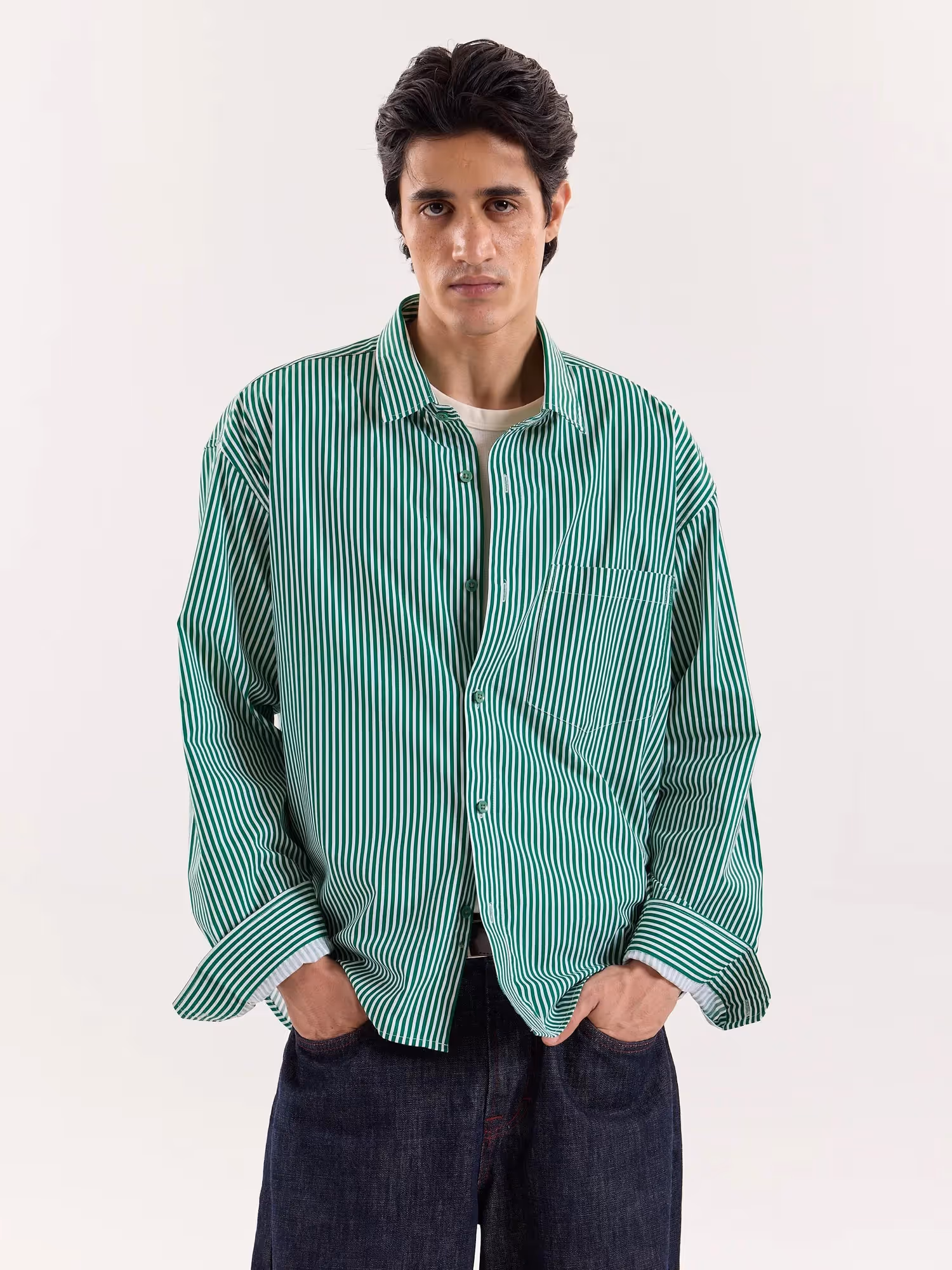 Green & White Bengal Striped Cropped Shirt image 3