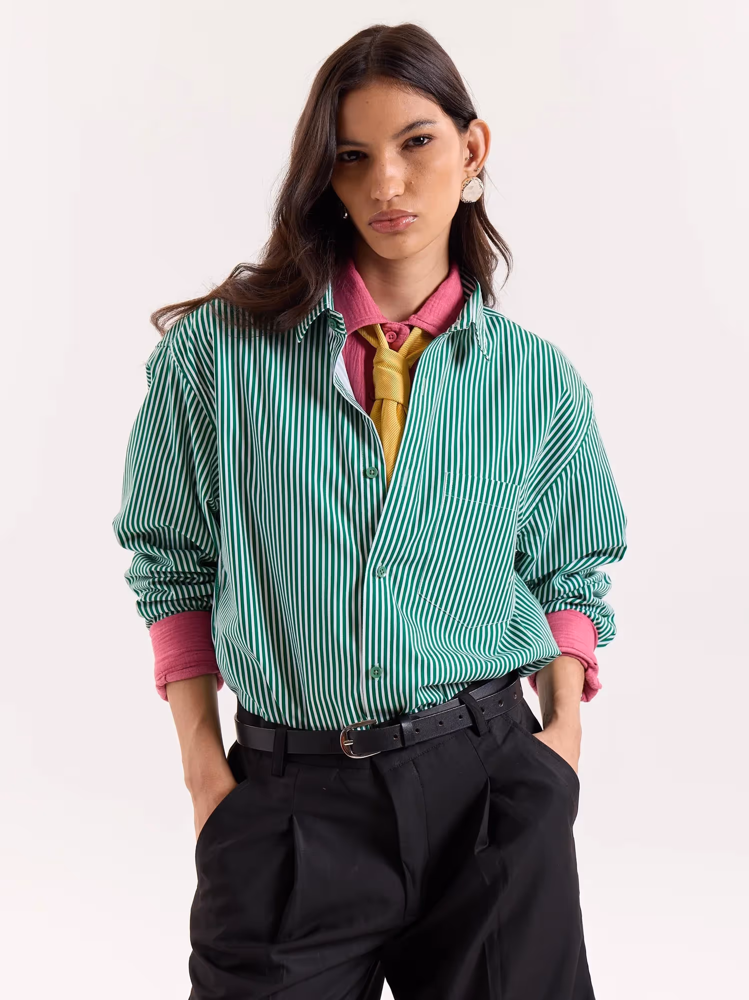 Green & White Bengal Striped Cropped Shirt image 4