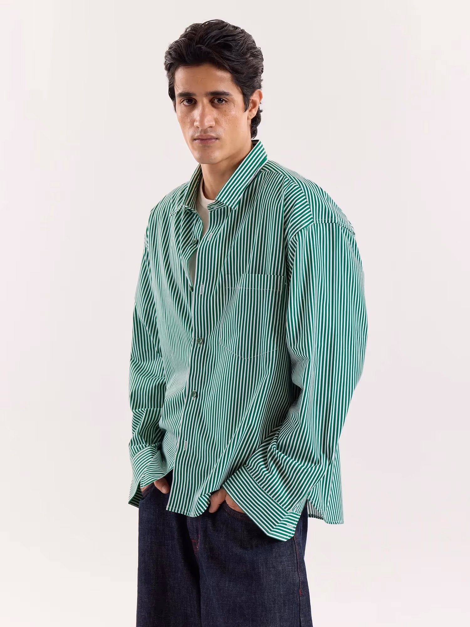 Green & White Bengal Striped Cropped Shirt image 5