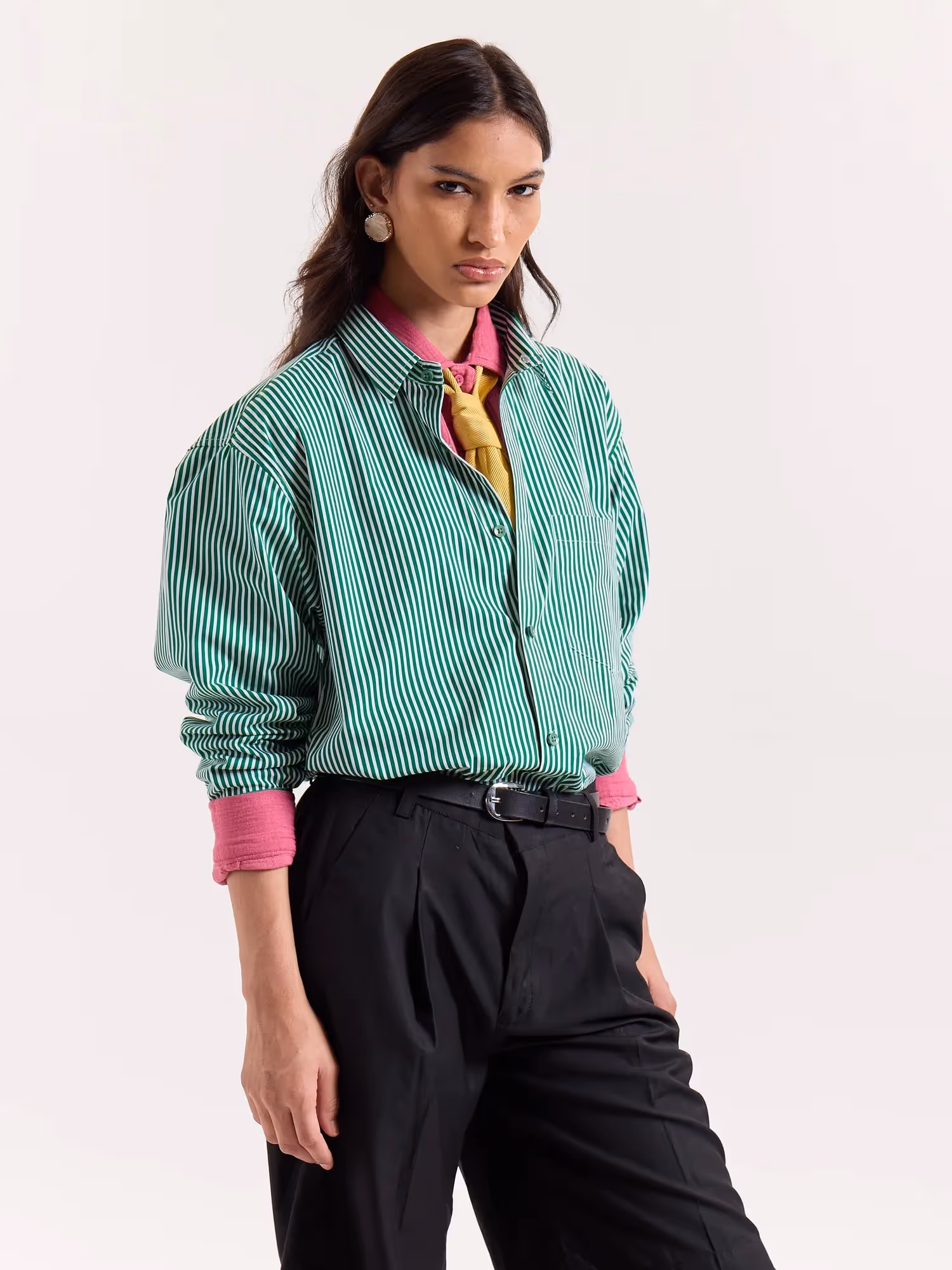 Green & White Bengal Striped Cropped Shirt image 6