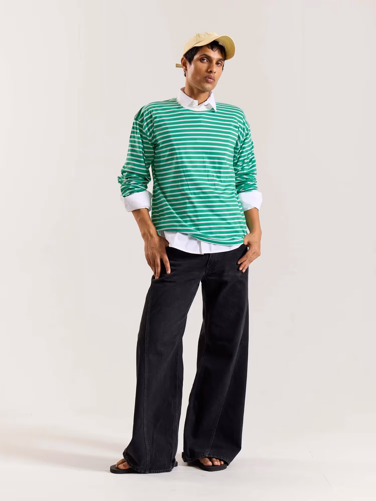 Green and White Striped Loose Fit Cropped T-Shirt image 1