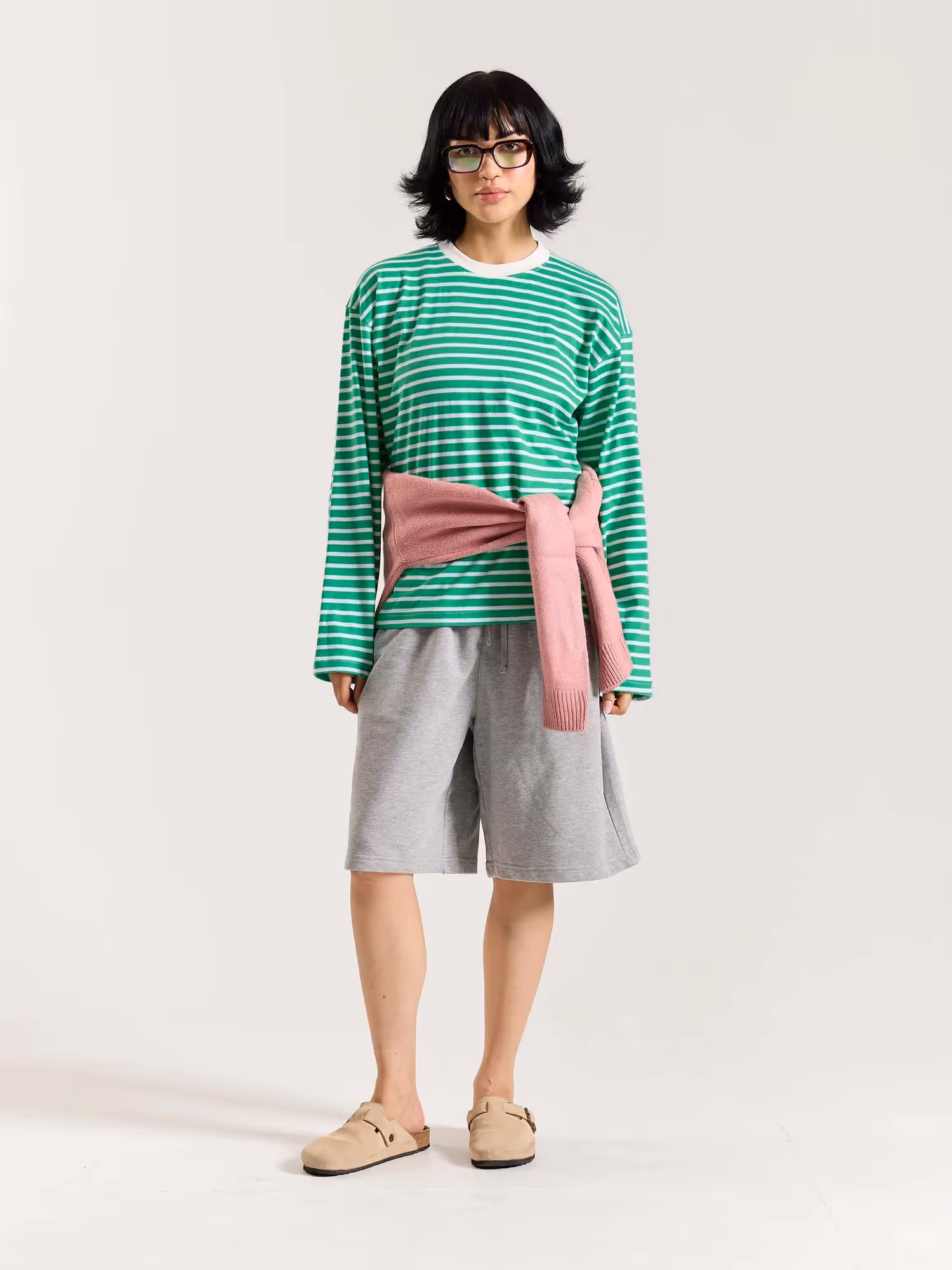 Green and White Striped Loose Fit Cropped T-Shirt image 2