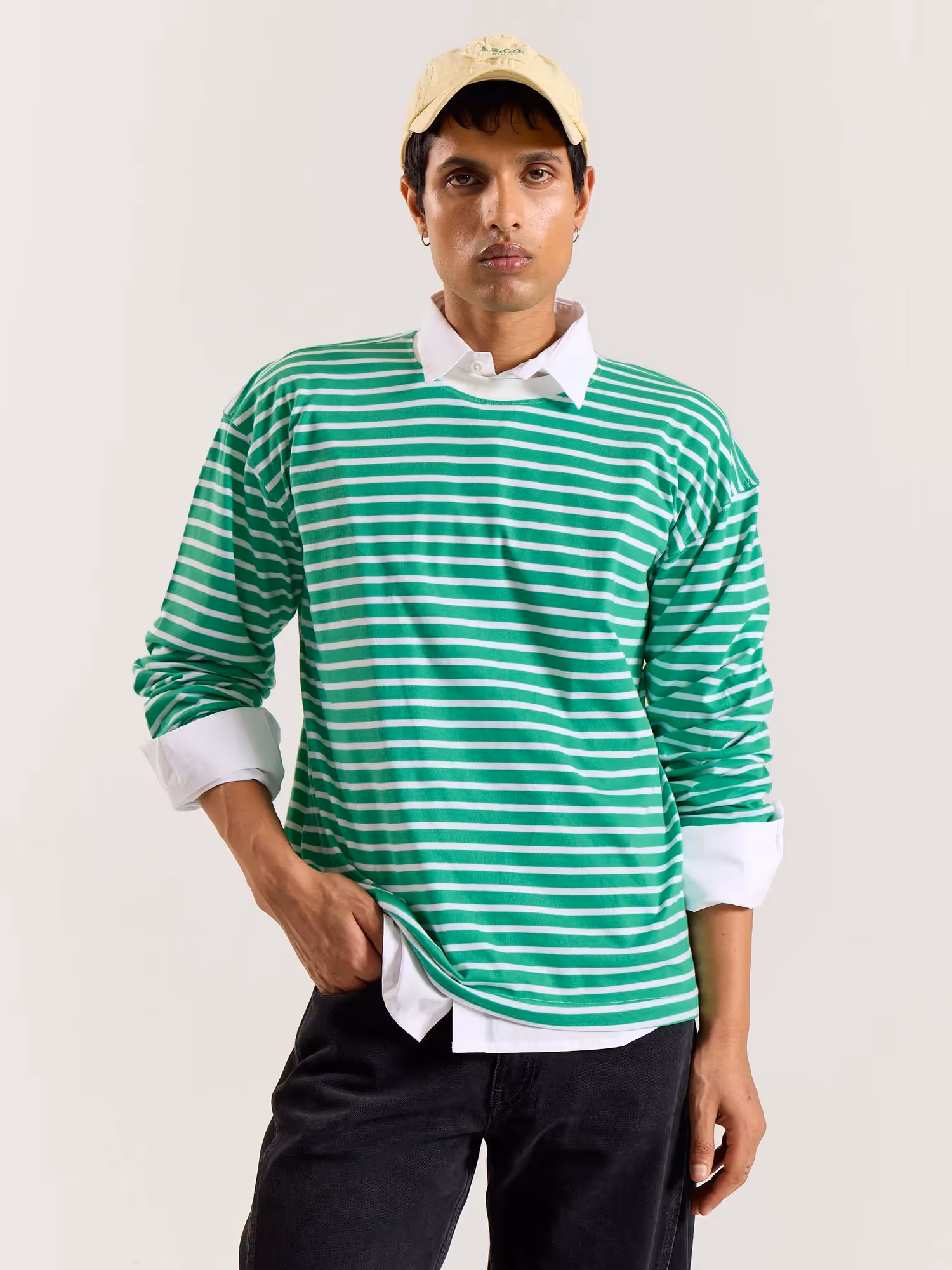 Green and White Striped Loose Fit Cropped T-Shirt image 3