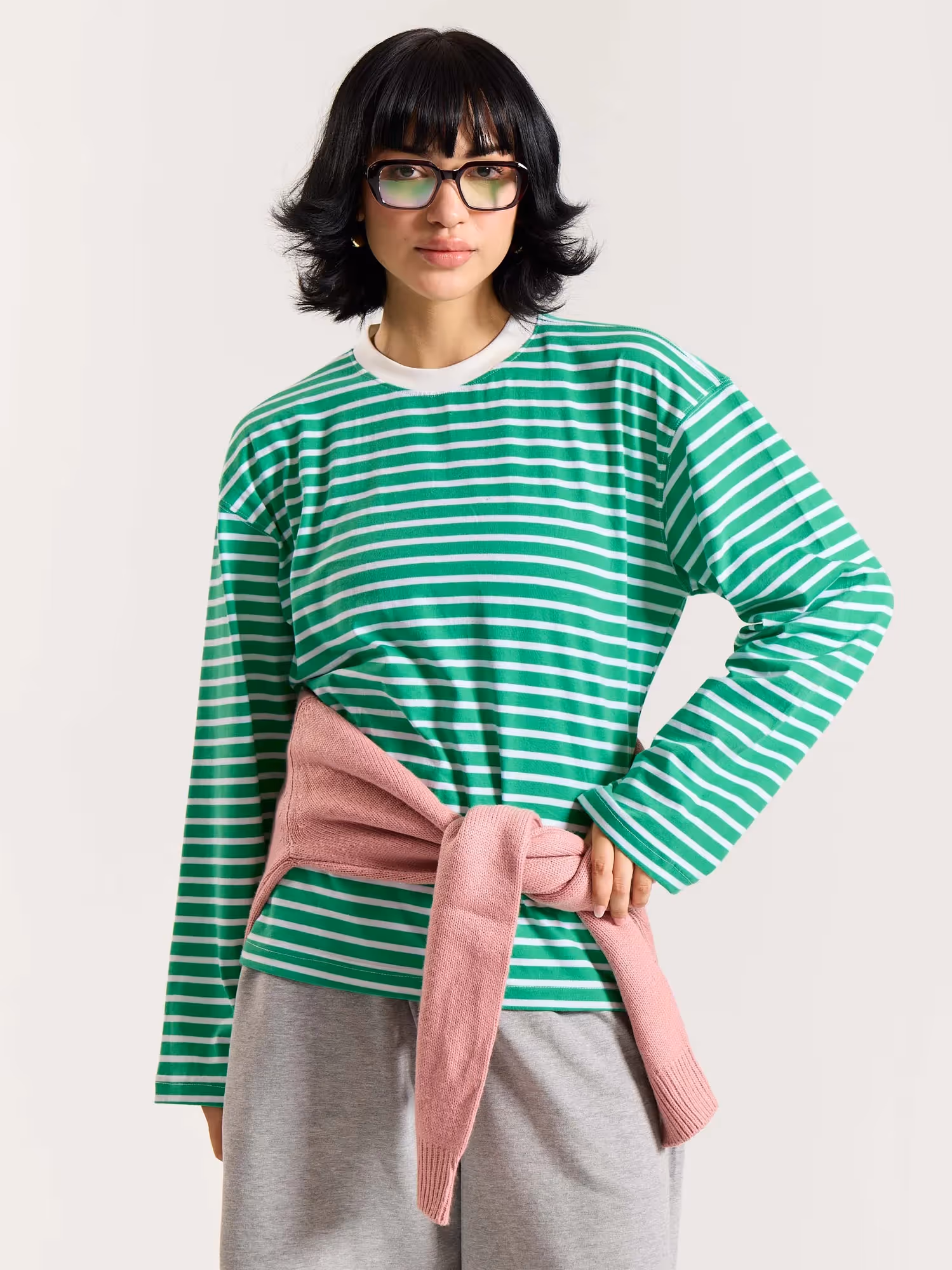 Green and White Striped Loose Fit Cropped T-Shirt image 4