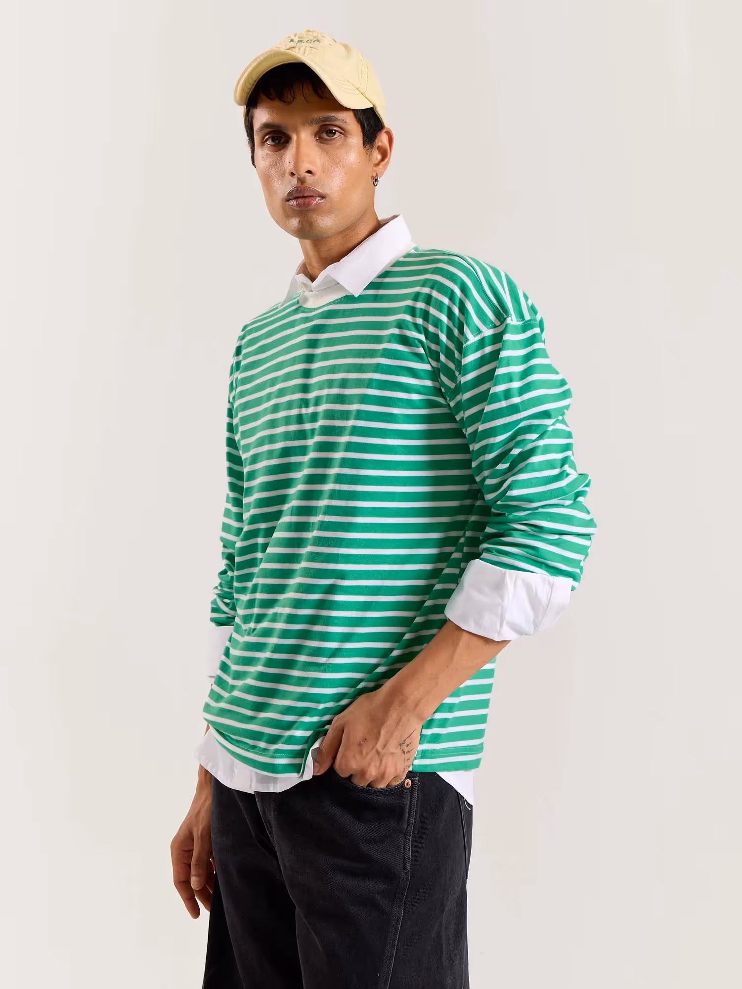 Green and White Striped Loose Fit Cropped T-Shirt image 5