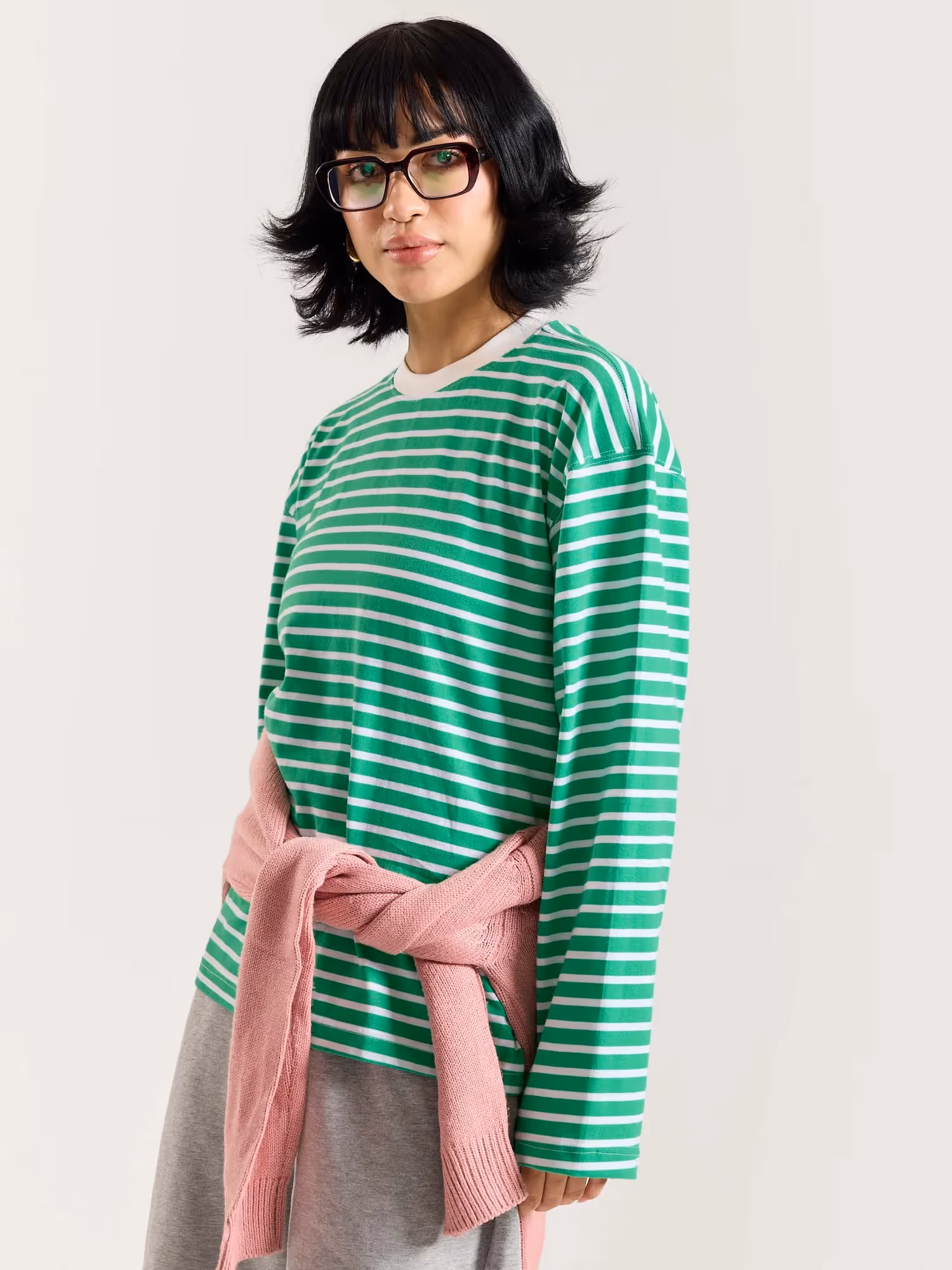 Green and White Striped Loose Fit Cropped T-Shirt image 6