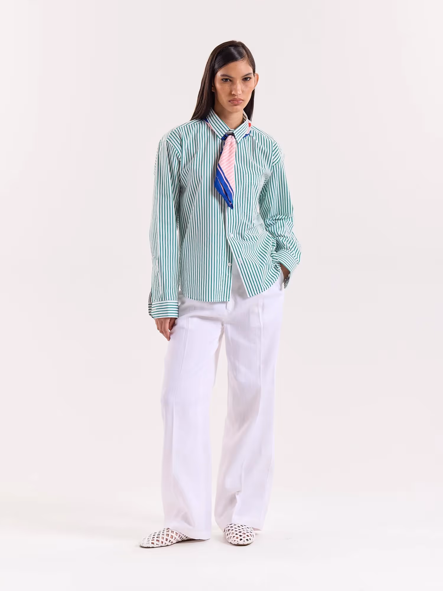 Green and White Striped Poplin Cropped Shirt image 2