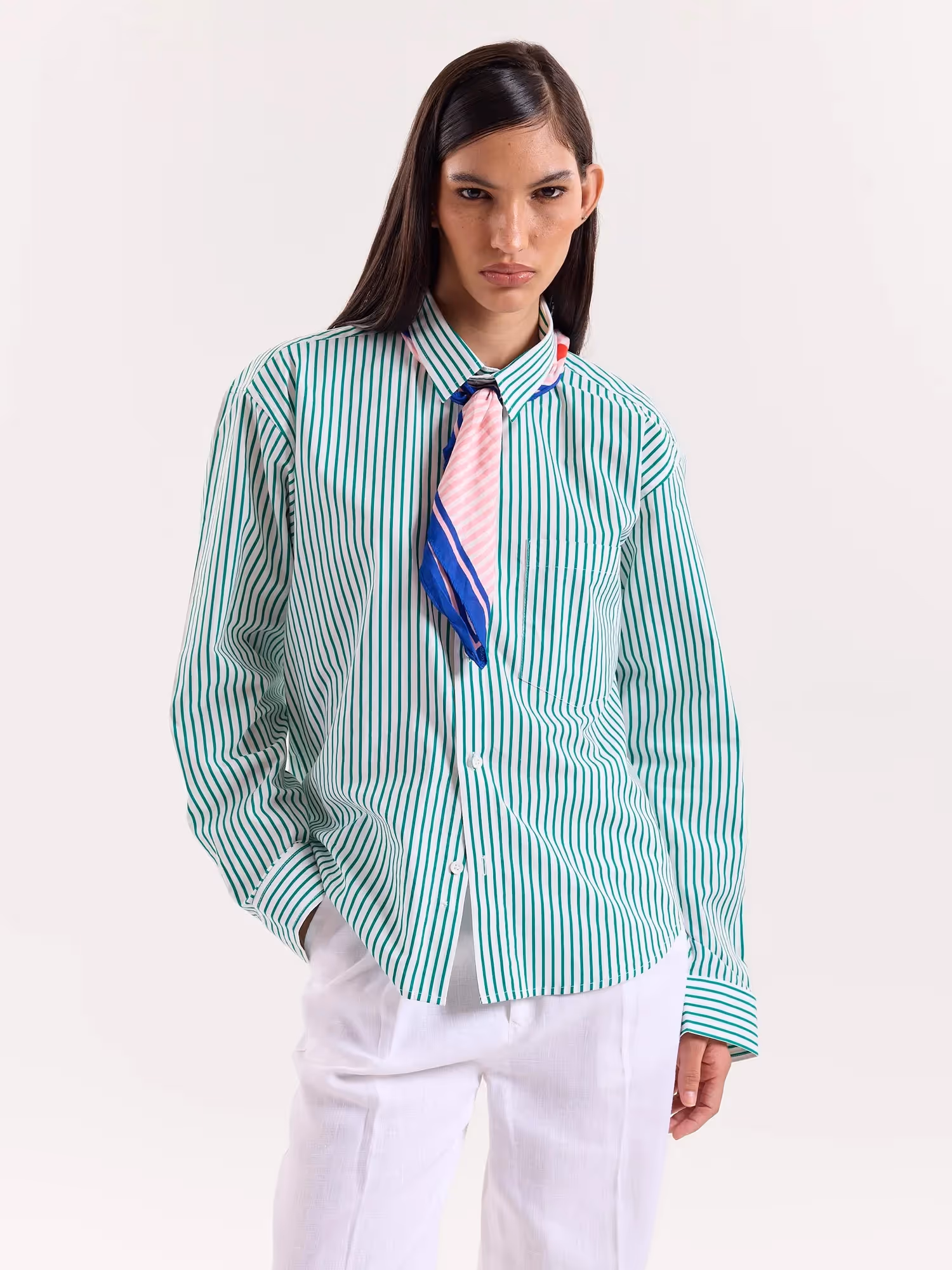 Green and White Striped Poplin Cropped Shirt image 4