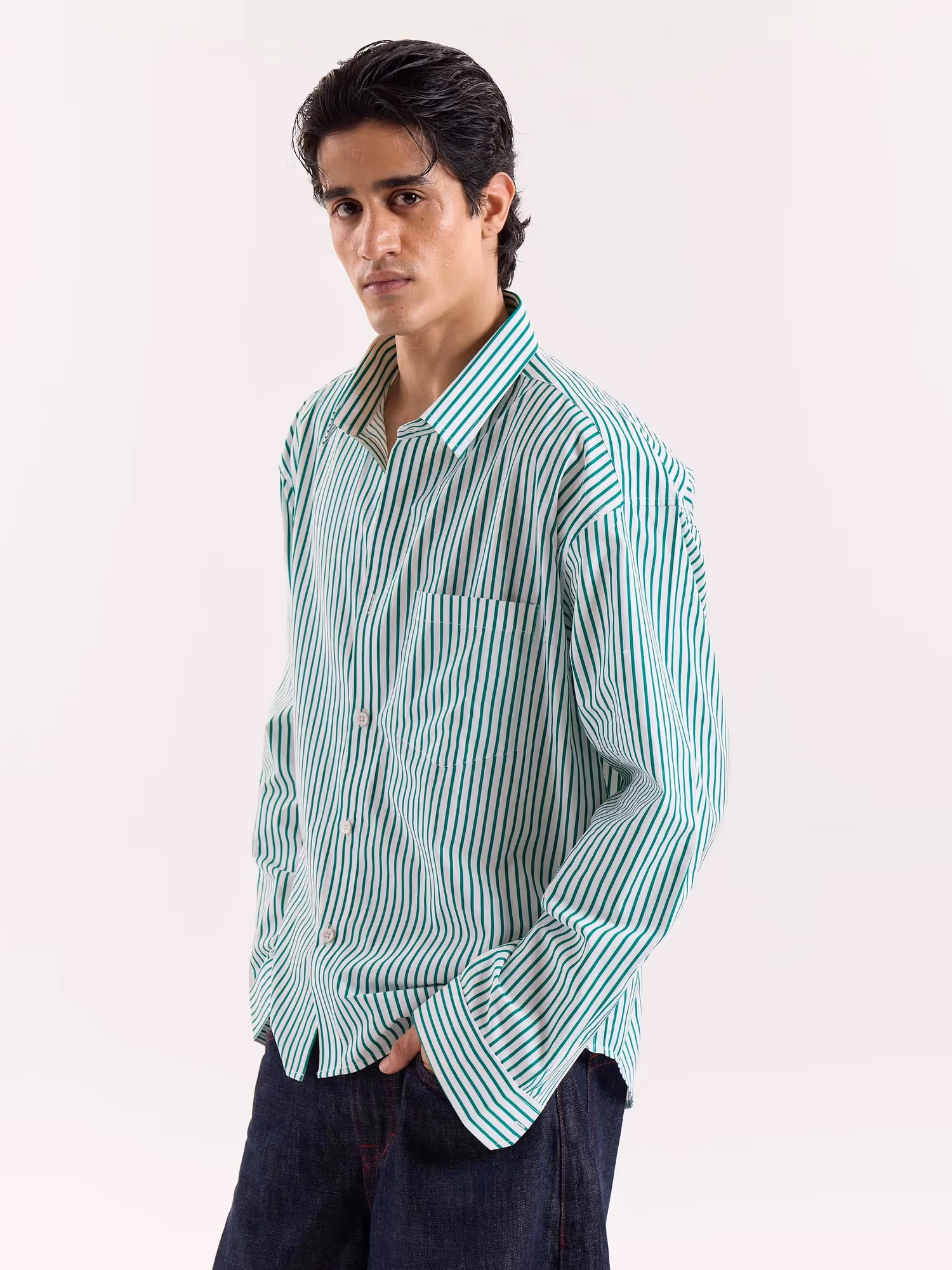 Green and White Striped Poplin Cropped Shirt image 5