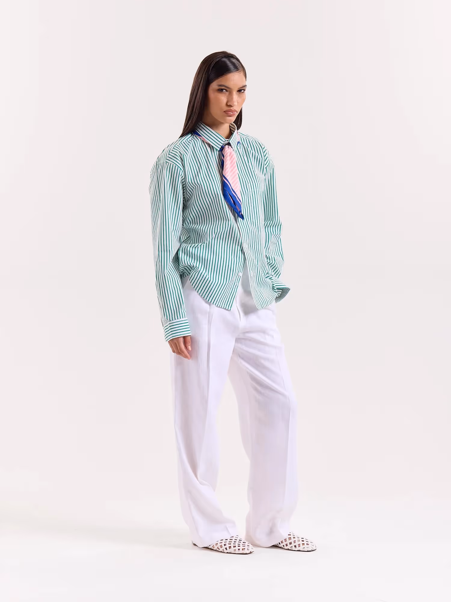 Green and White Striped Poplin Cropped Shirt image 7