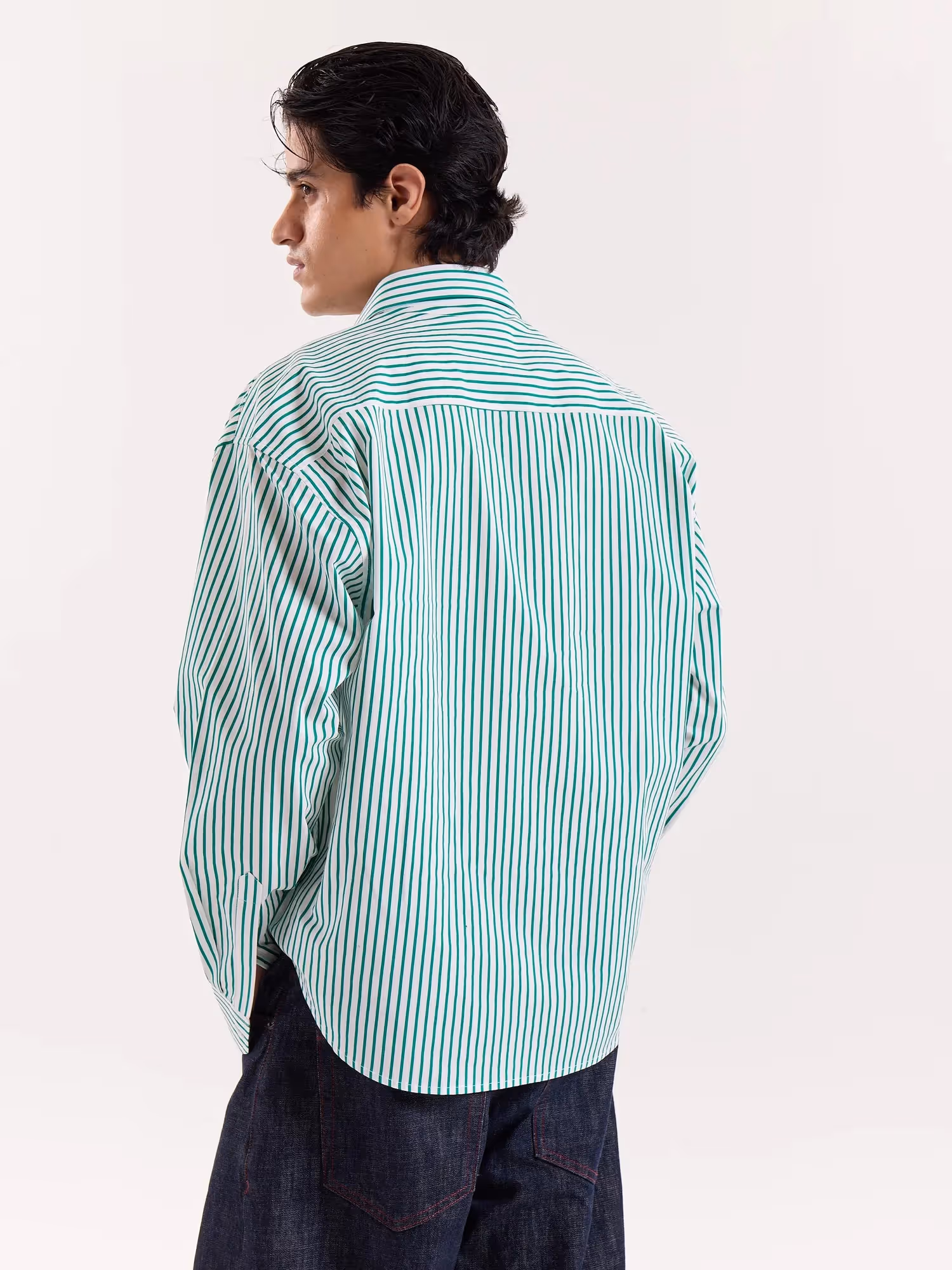 Green and White Striped Poplin Cropped Shirt image 8