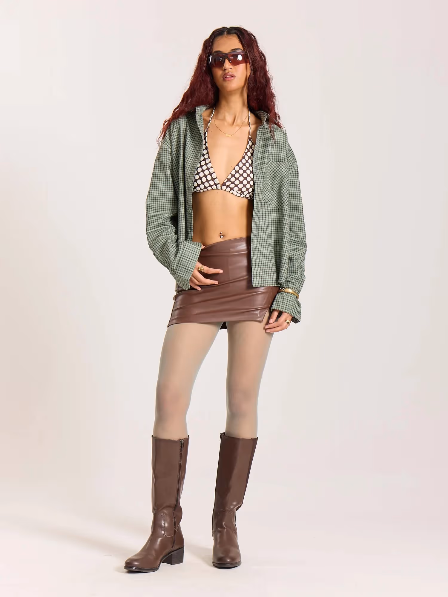 Green Checkered Oversized Cropped Shirt image 2