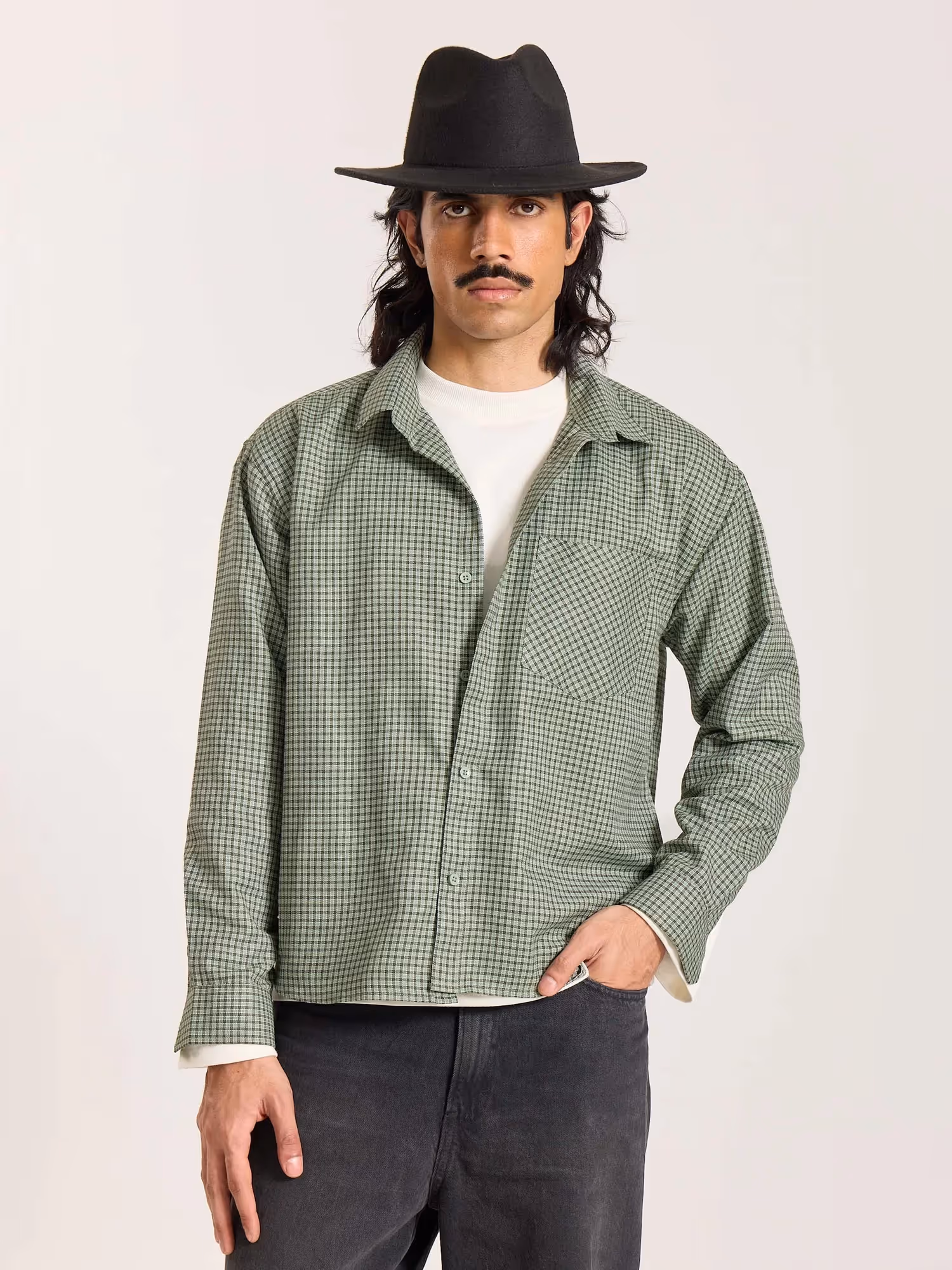Green Checkered Oversized Cropped Shirt image 3