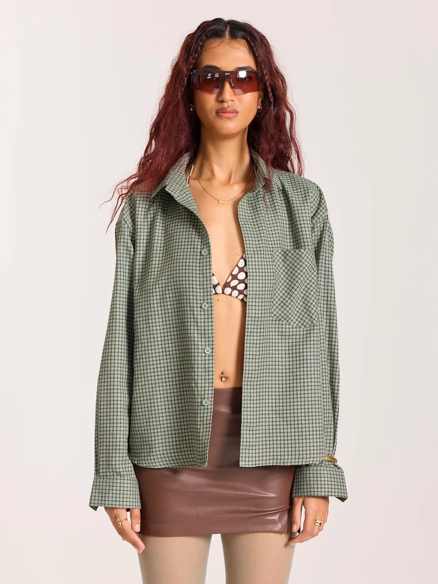 Green Checkered Oversized Cropped Shirt image 4