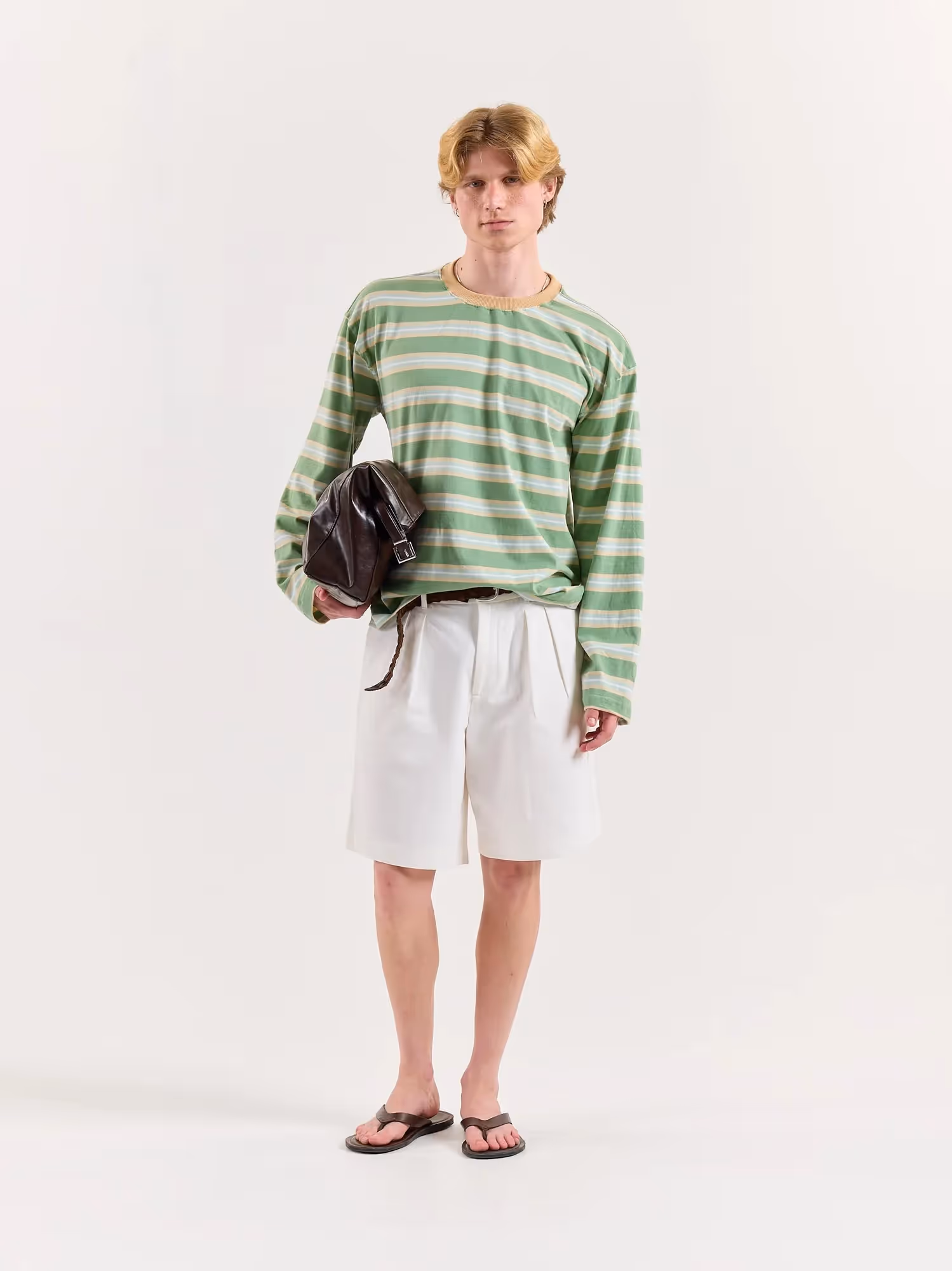 Green Multi-Striped Loose Fit Cropped T-Shirt image 1