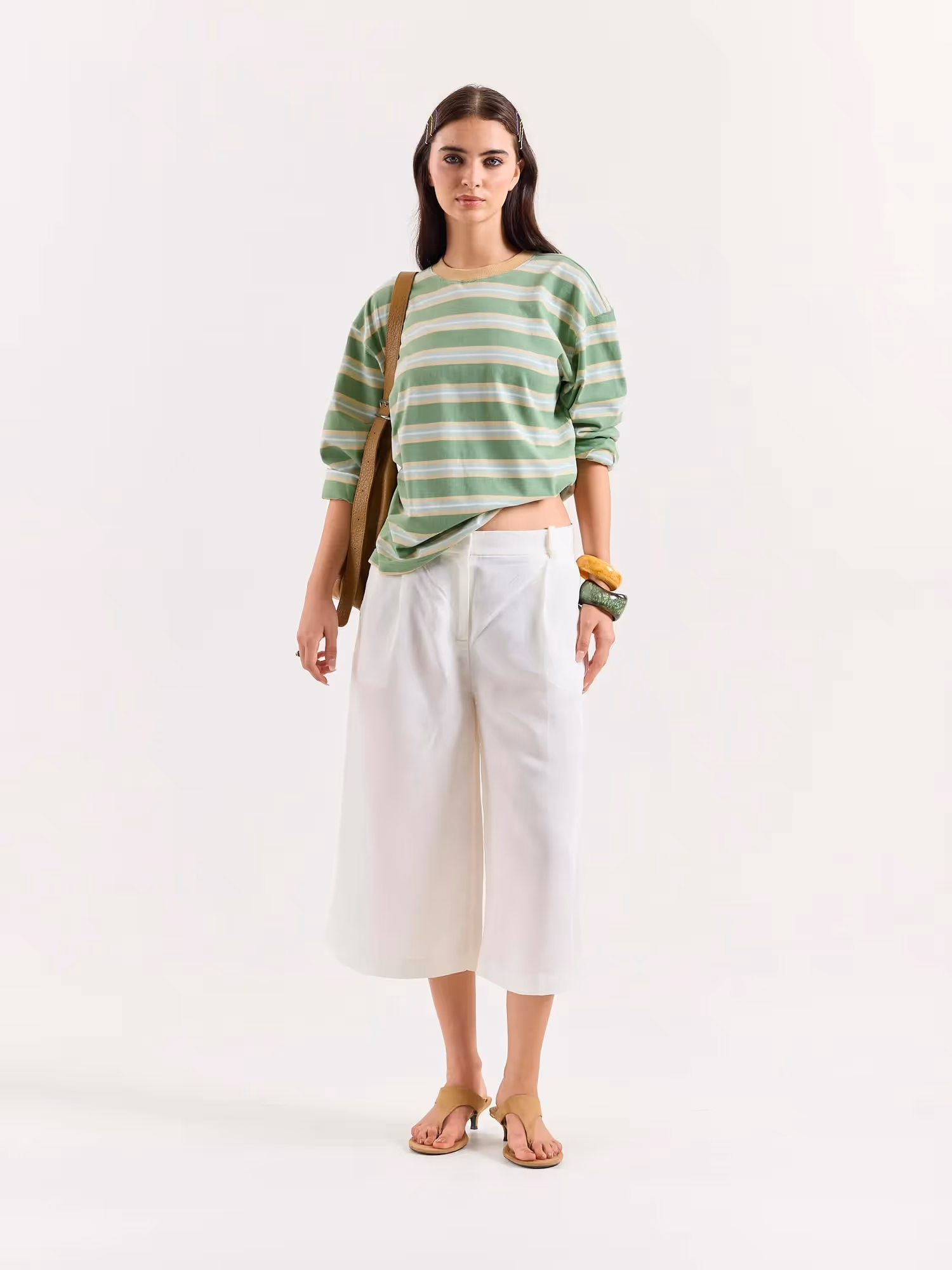 Green Multi-Striped Loose Fit Cropped T-Shirt image 2