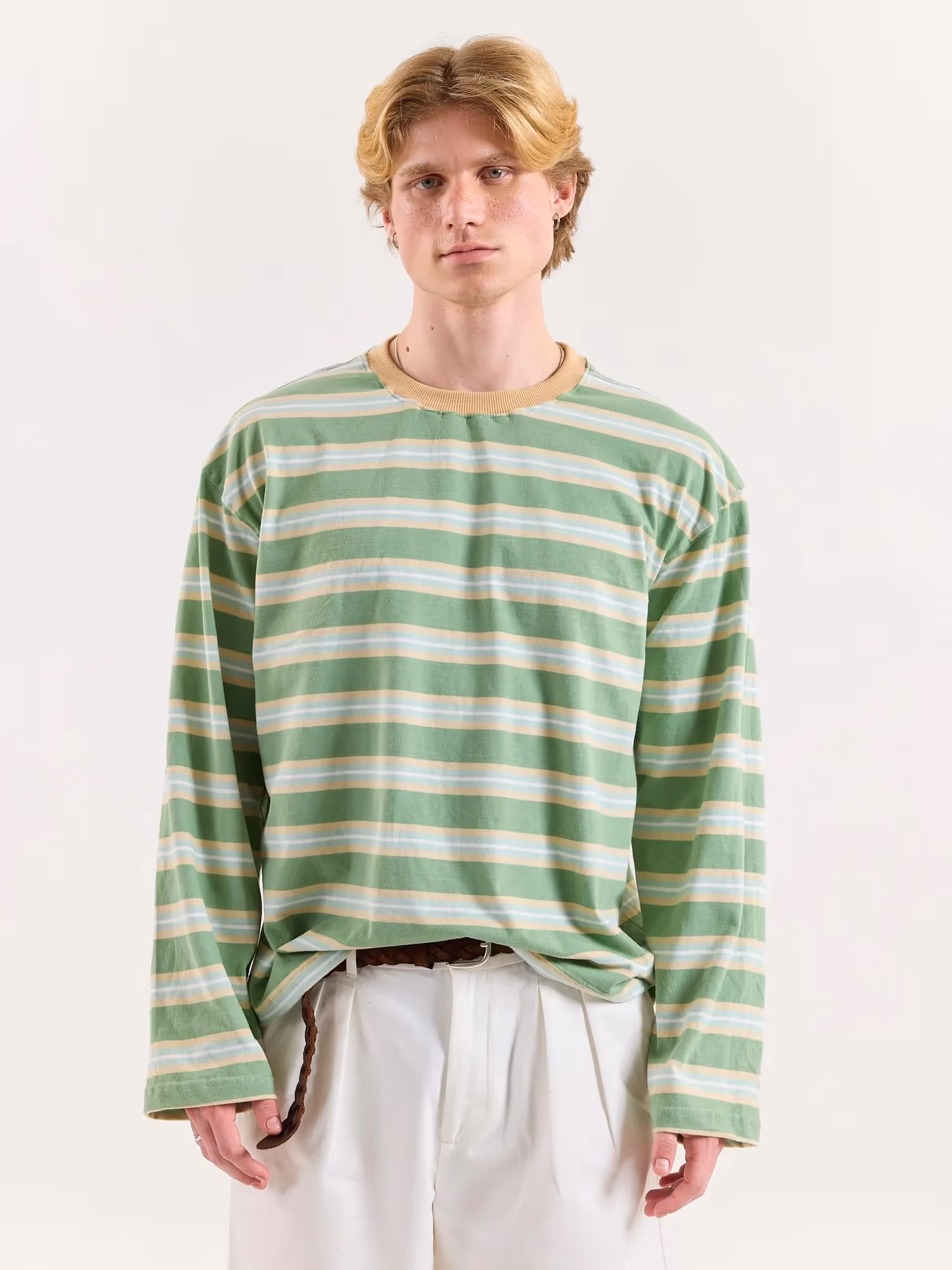 Green Multi-Striped Loose Fit Cropped T-Shirt image 3