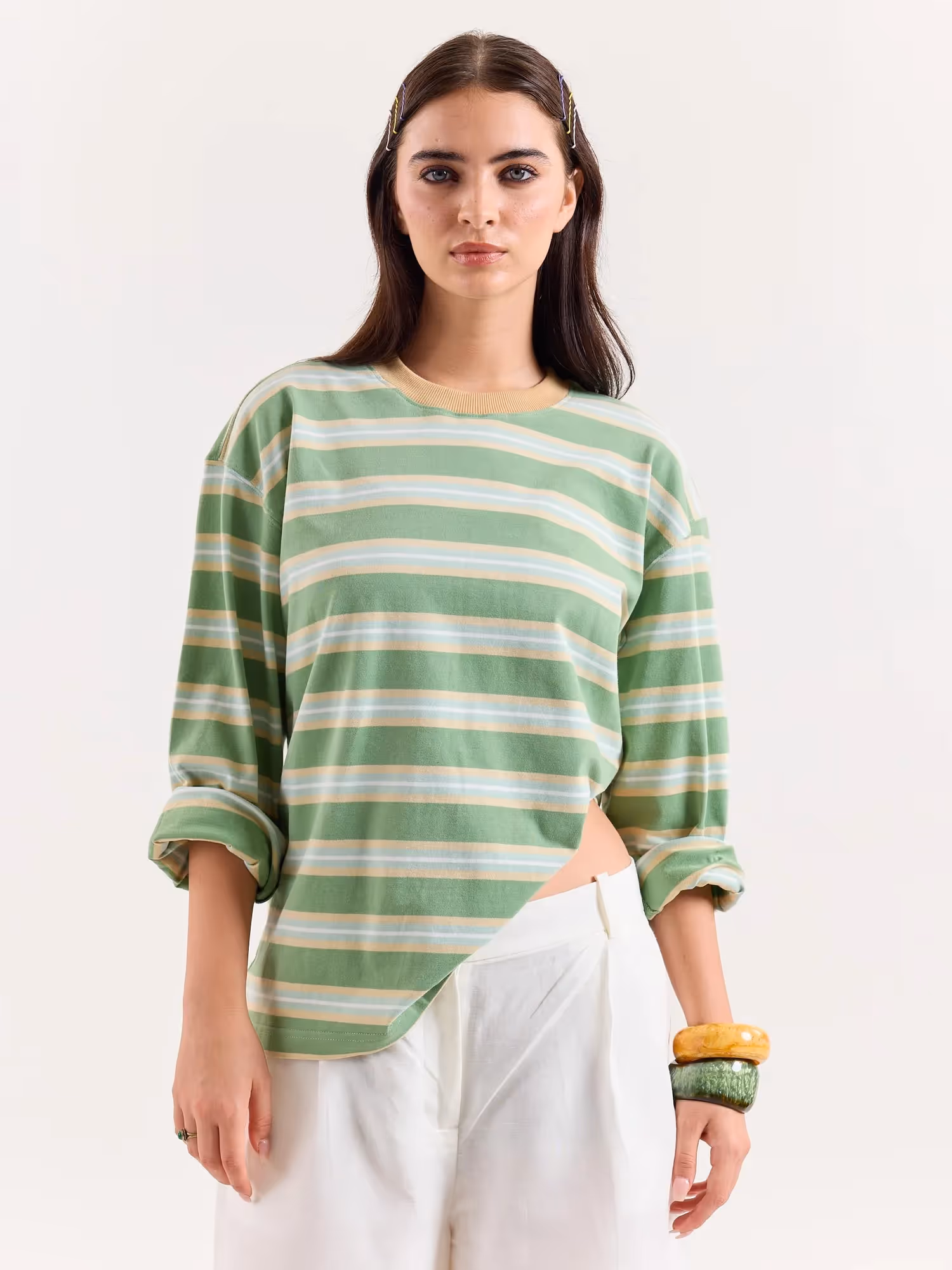 Green Multi-Striped Loose Fit Cropped T-Shirt image 4