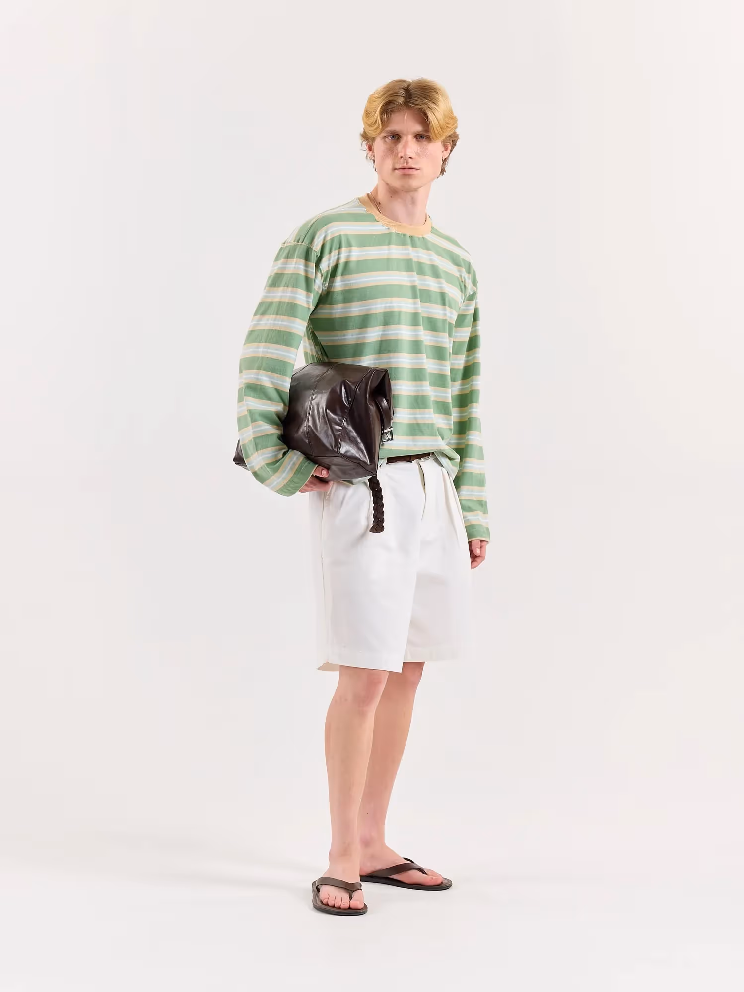 Green Multi-Striped Loose Fit Cropped T-Shirt image 5