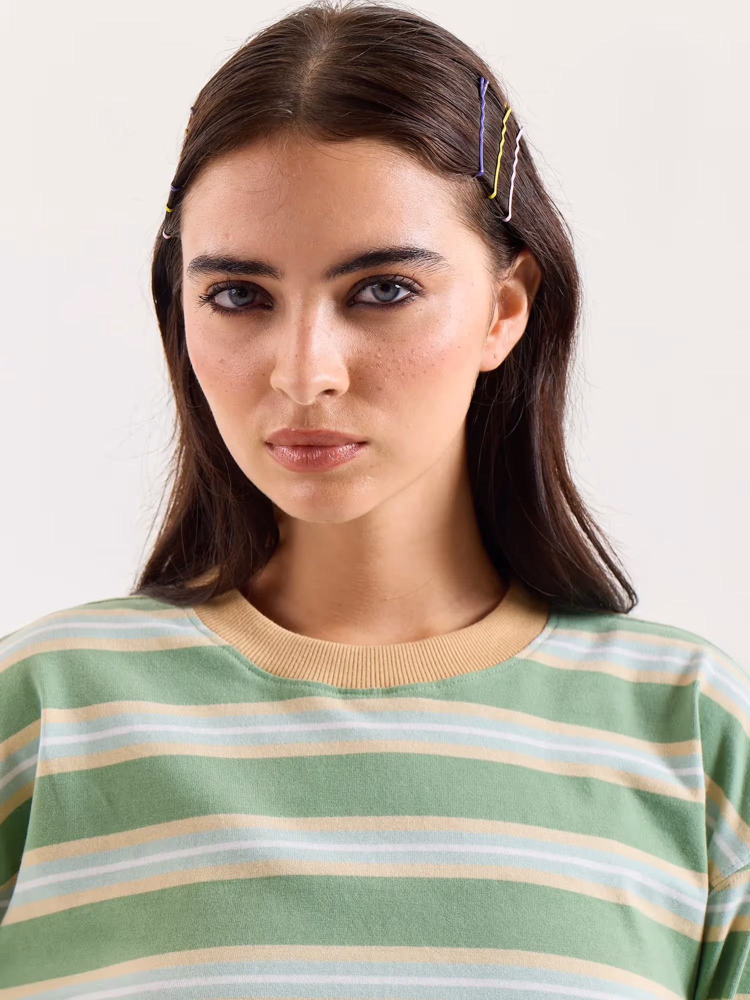 Green Multi-Striped Loose Fit Cropped T-Shirt image 6