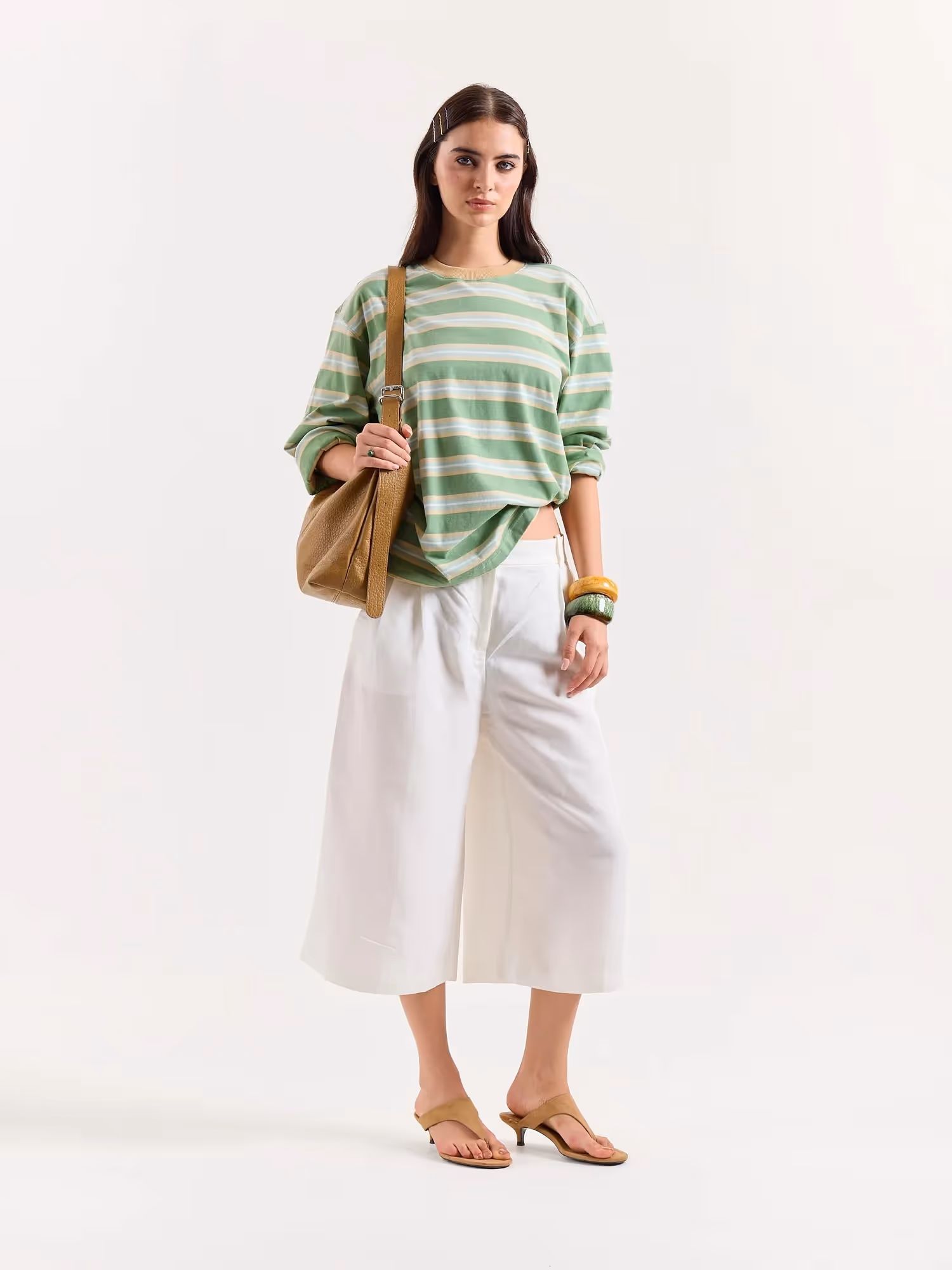 Green Multi-Striped Loose Fit Cropped T-Shirt image 7