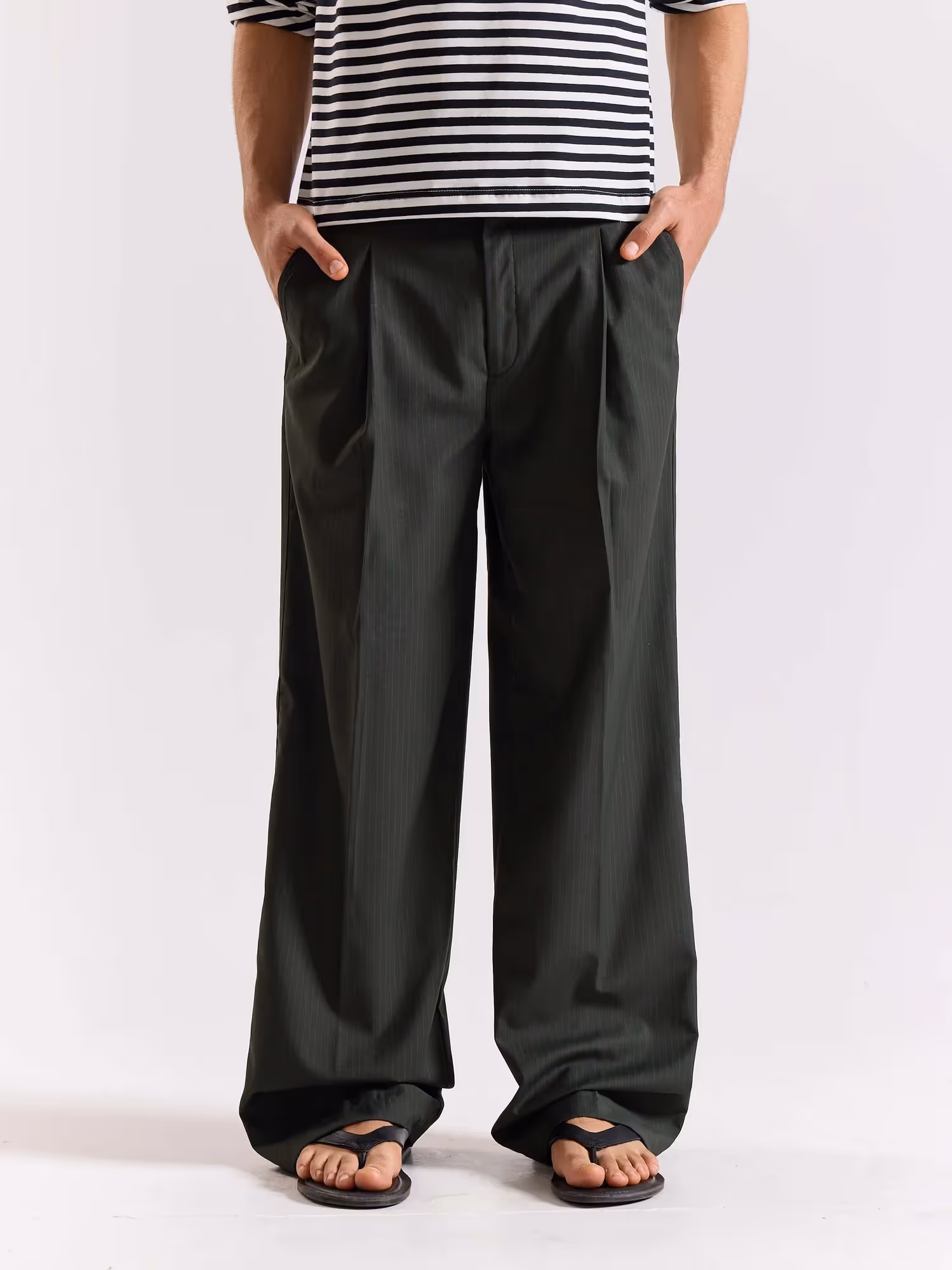 Green Pinstriped Baggy Fit Trousers image 2