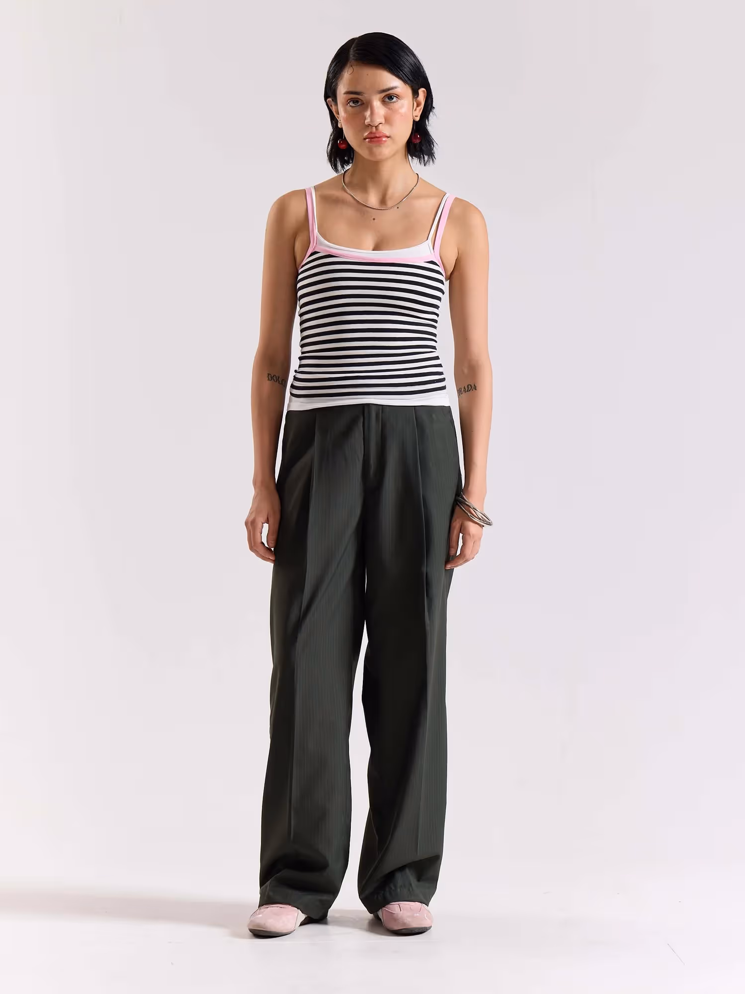Green Pinstriped Baggy Fit Trousers image 3