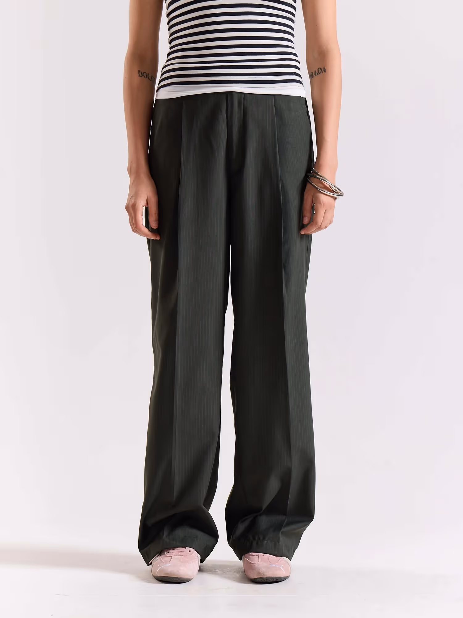 Green Pinstriped Baggy Fit Trousers image 4