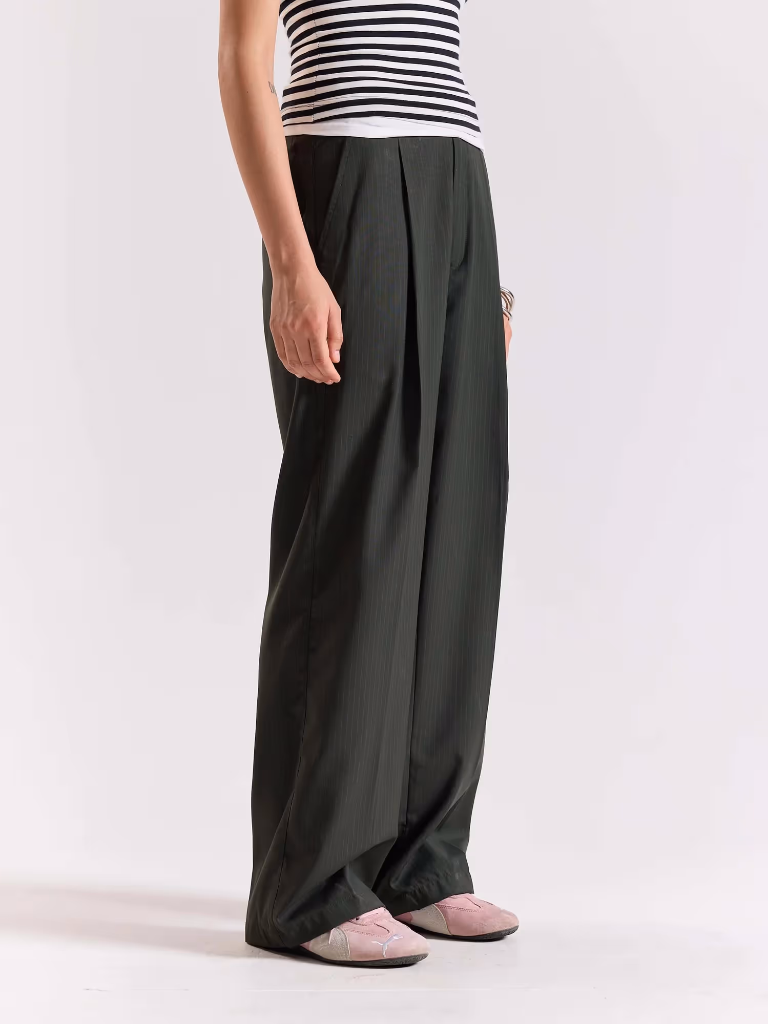 Green Pinstriped Baggy Fit Trousers image 6