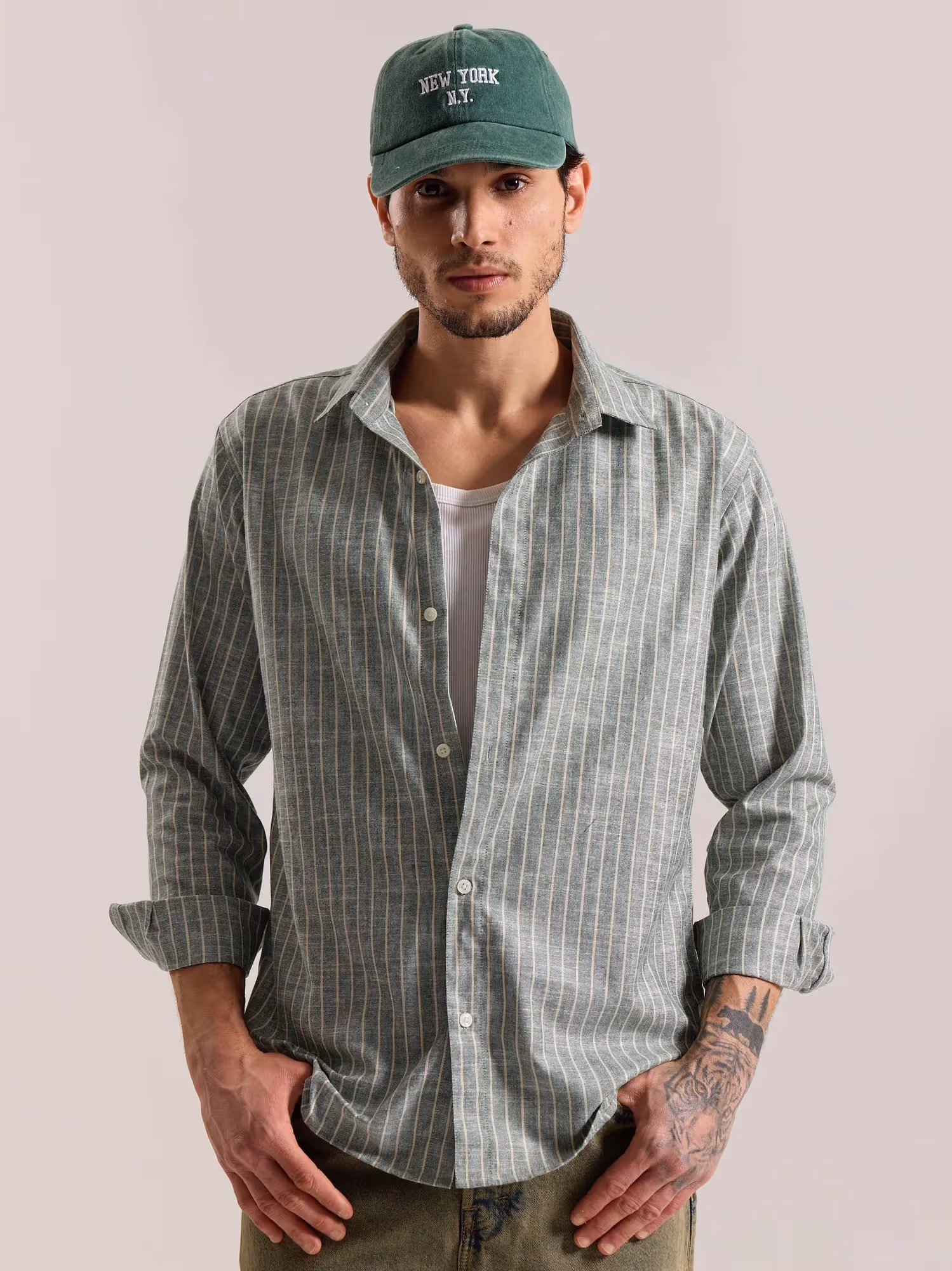 Green Striped Linen-blend Shirt image 3