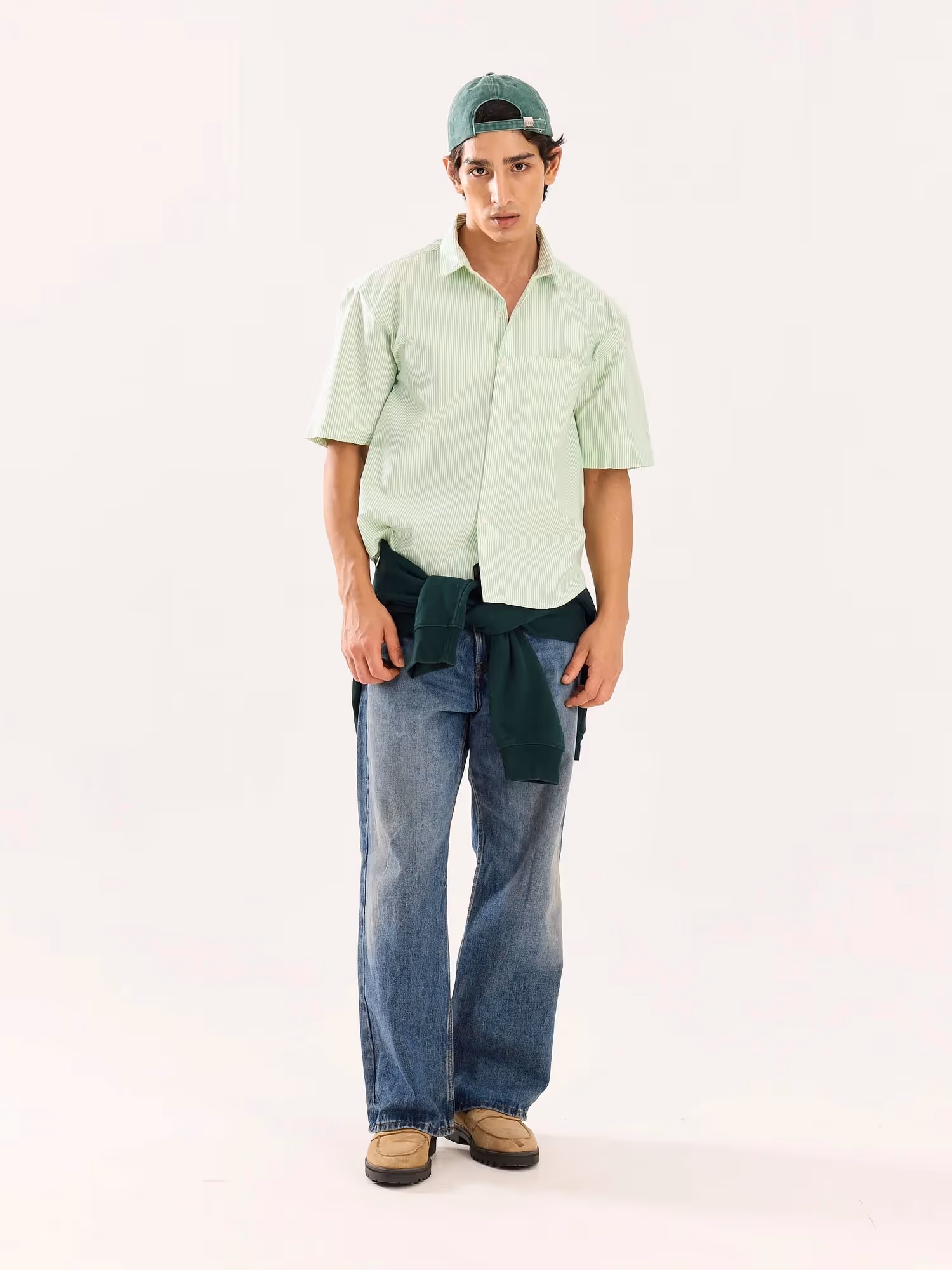 Green Striped Oversized Cropped Shirt image 1
