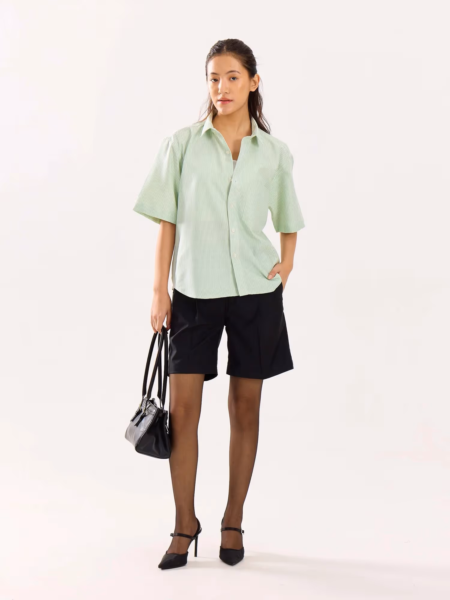 Green Striped Oversized Cropped Shirt image 2