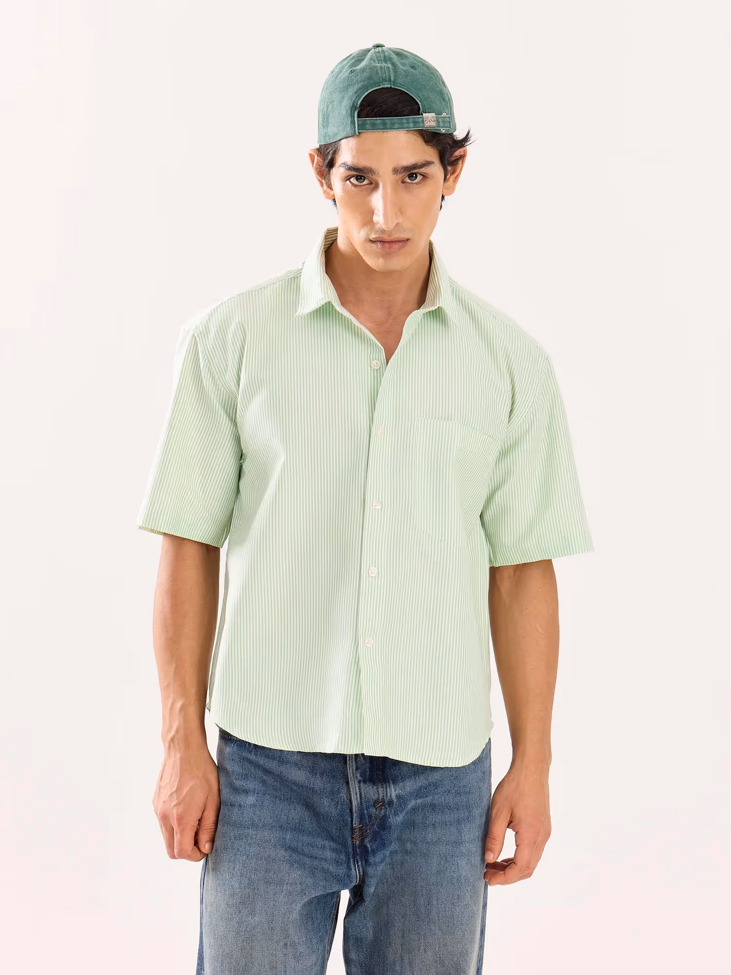 Green Striped Oversized Cropped Shirt image 3