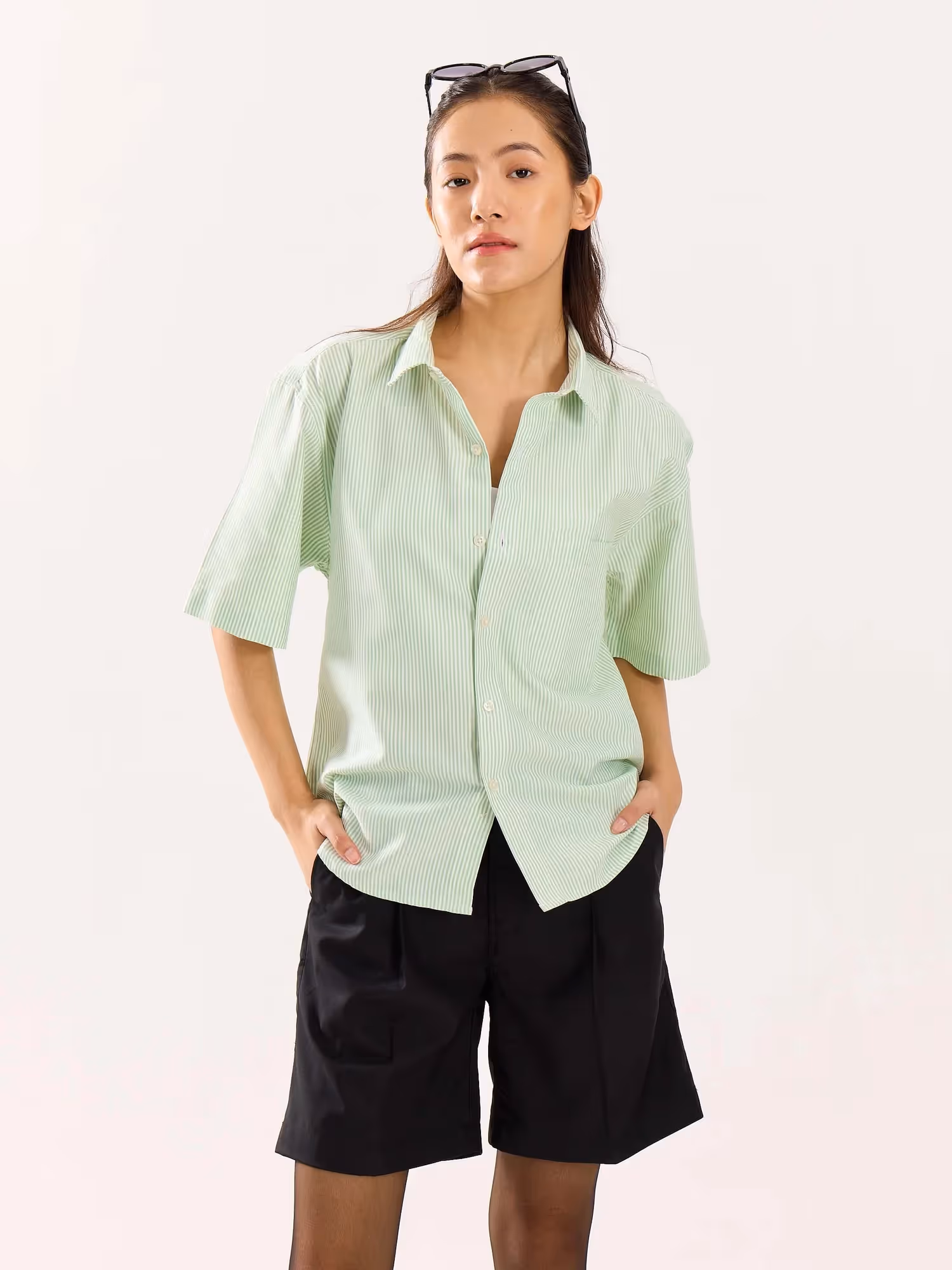Green Striped Oversized Cropped Shirt image 4
