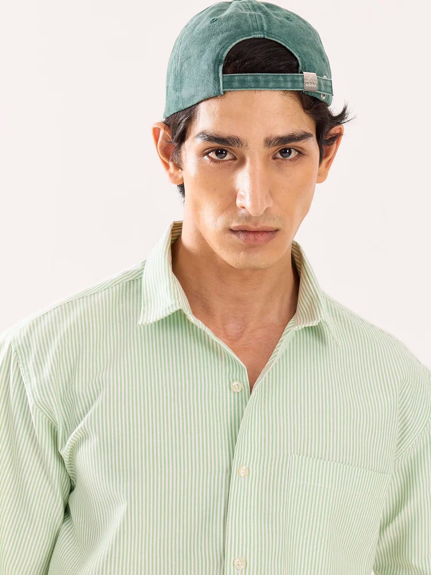 Green Striped Oversized Cropped Shirt image 5