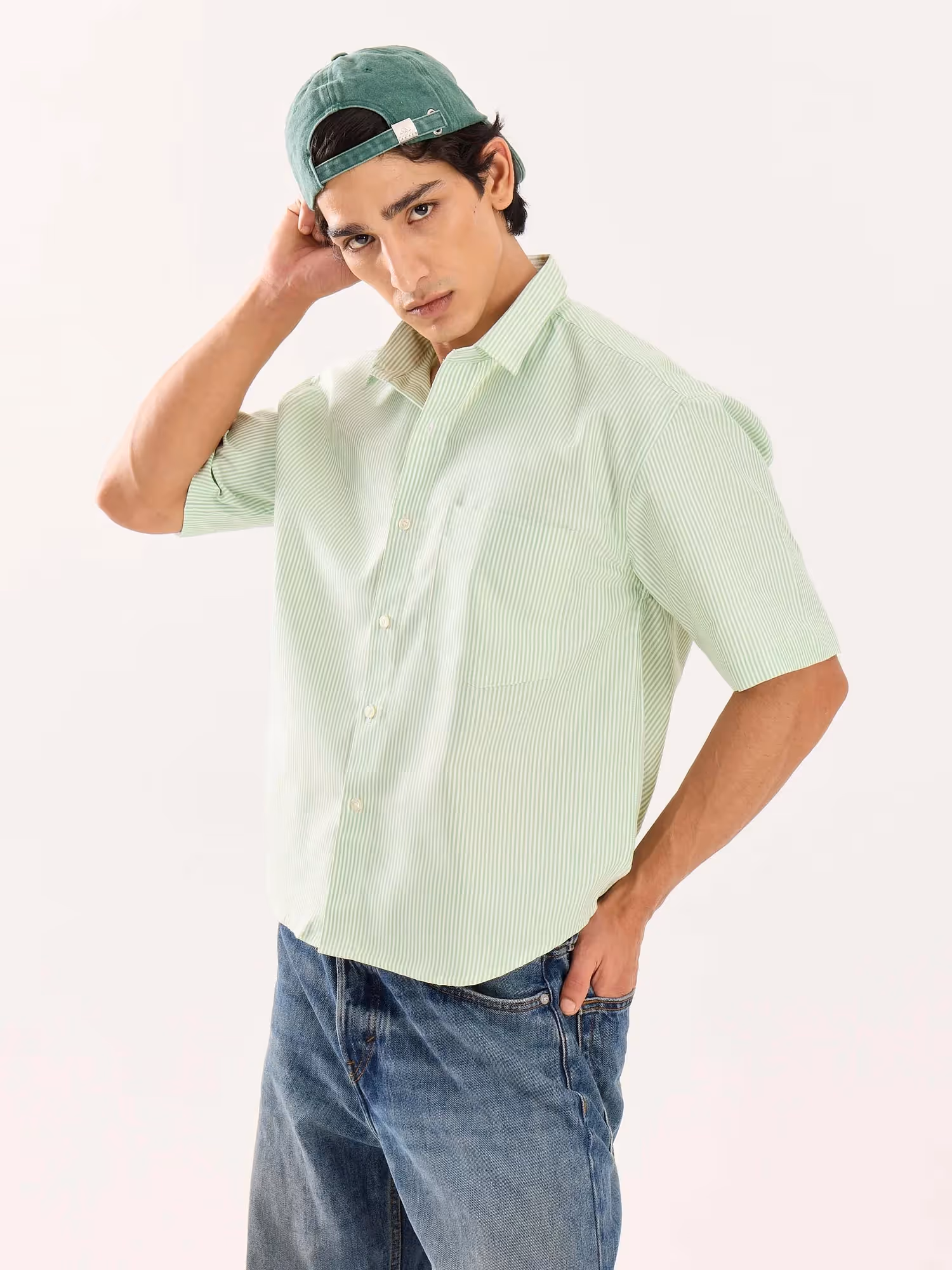 Green Striped Oversized Cropped Shirt image 6