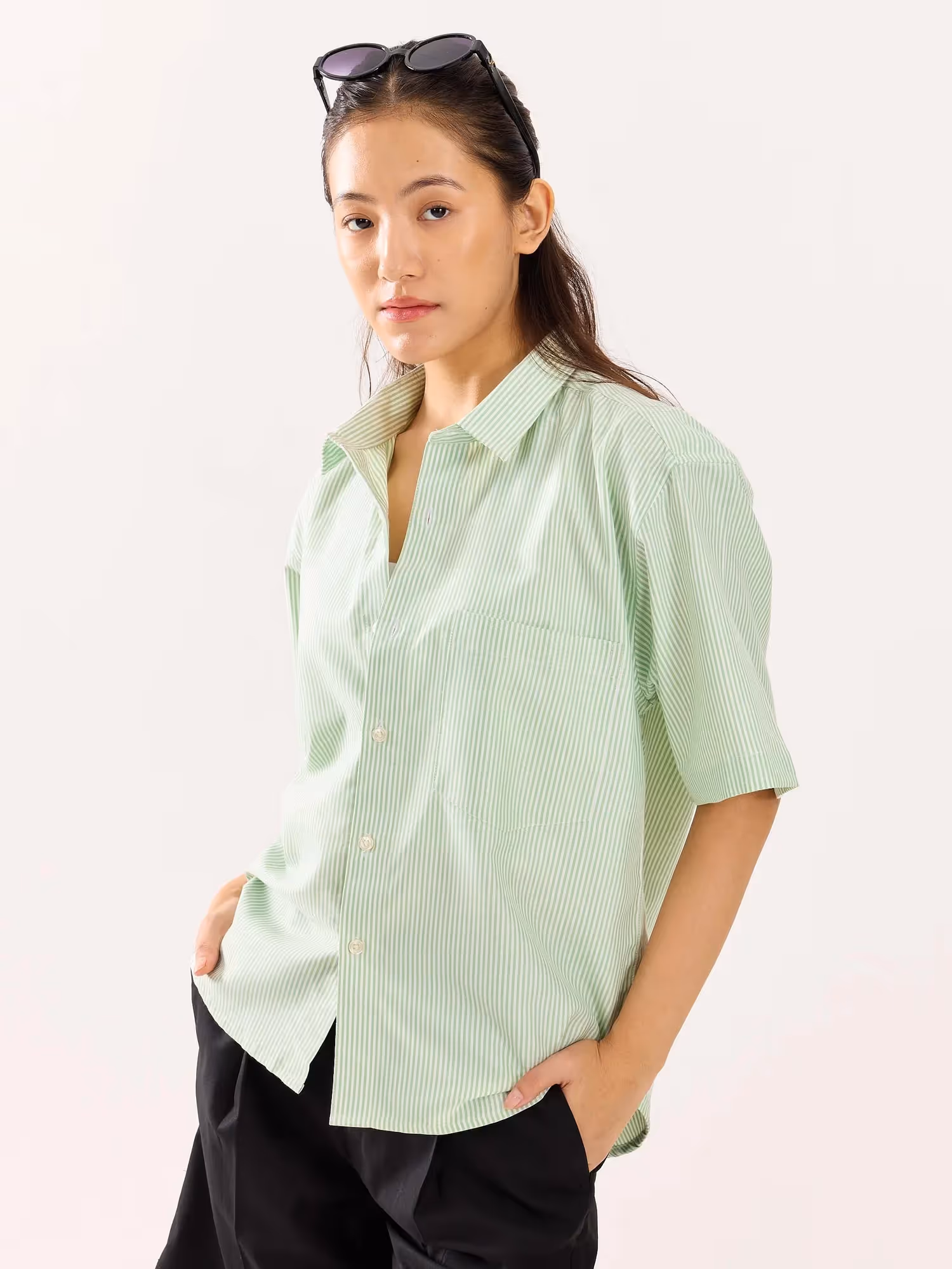 Green Striped Oversized Cropped Shirt image 7