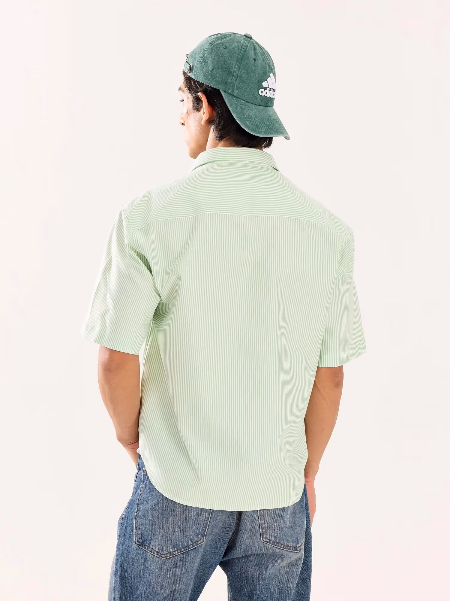 Green Striped Oversized Cropped Shirt image 8