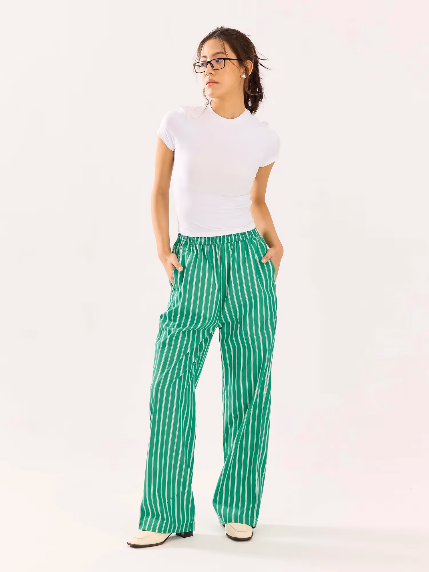 Green Striped Poplin Pull-on Pants  image 2