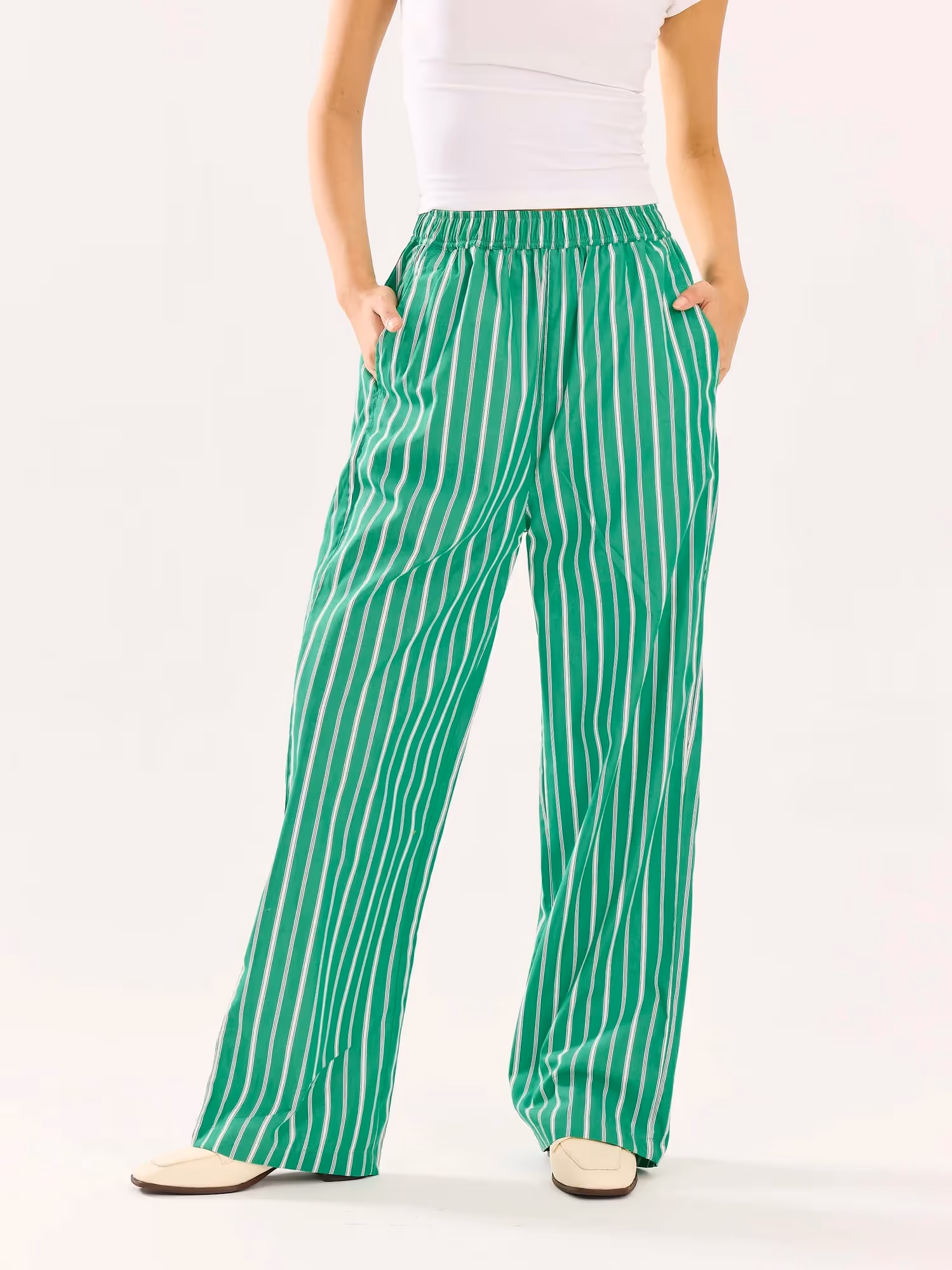 Green Striped Poplin Pull-on Pants  image 4