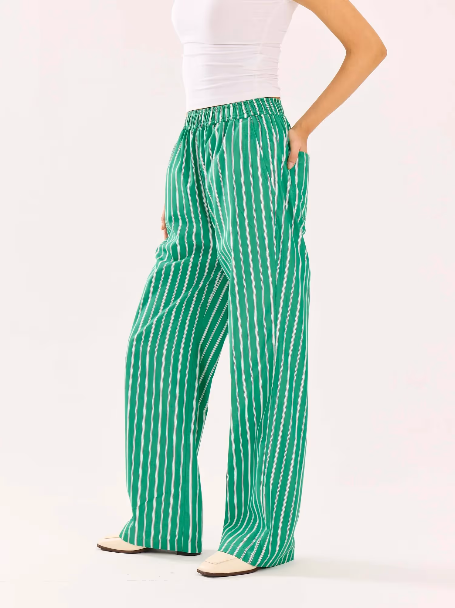 Green Striped Poplin Pull-on Pants  image 6