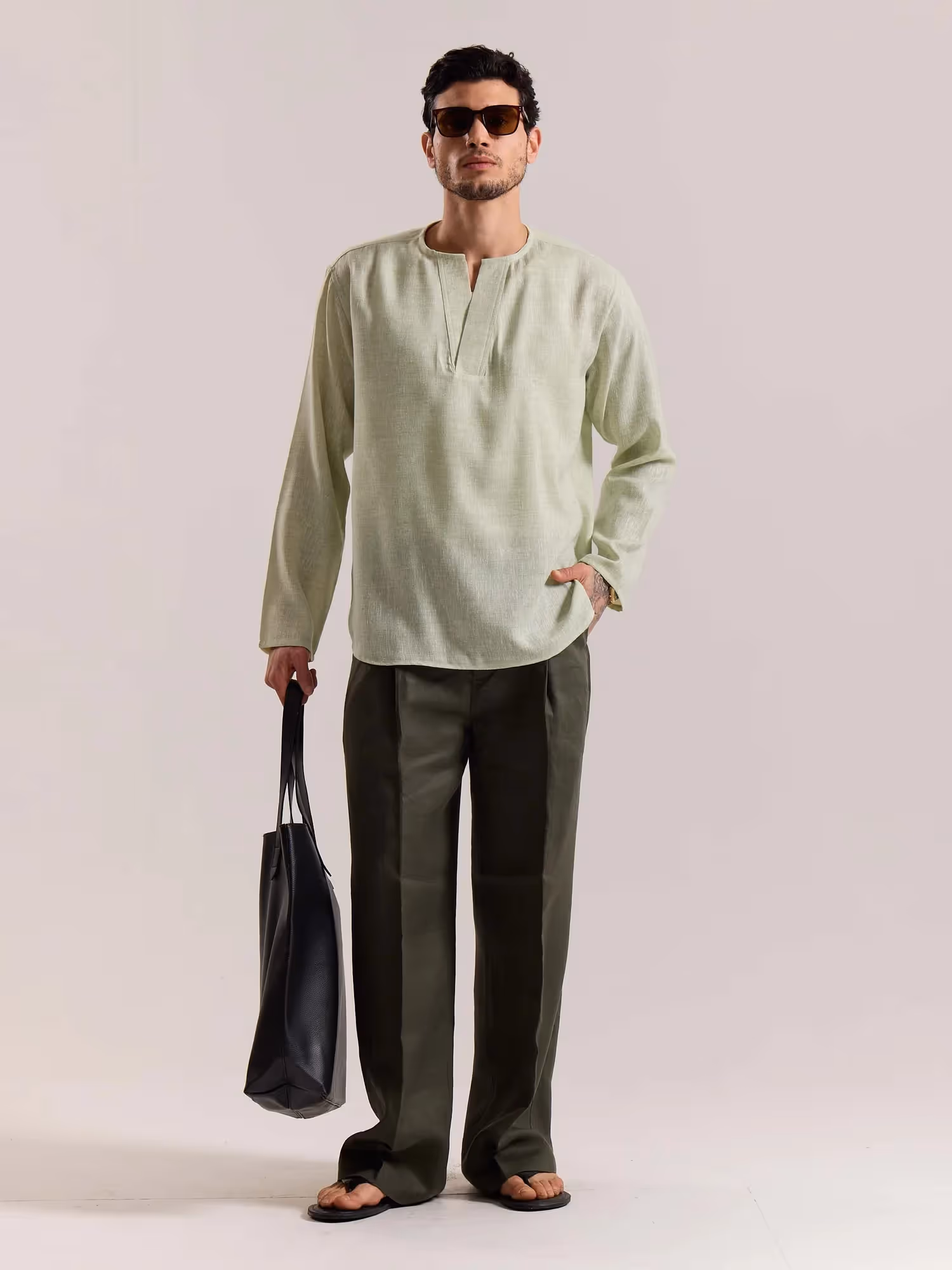Green Textured Linen Pullover image 1