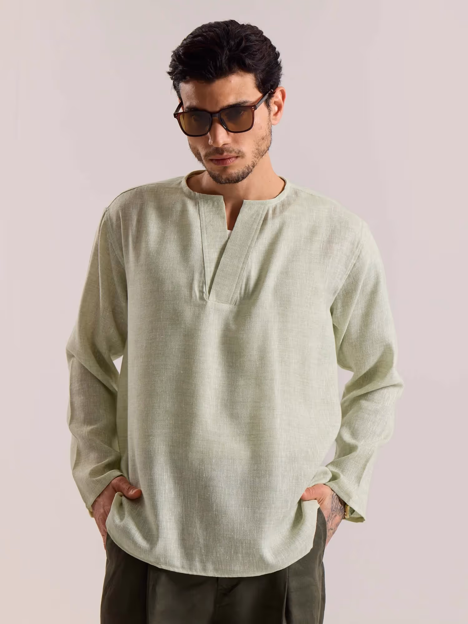 Green Textured Linen Pullover image 3