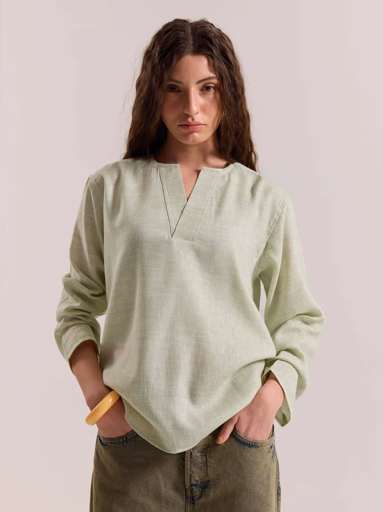 Green Textured Linen Pullover image 4