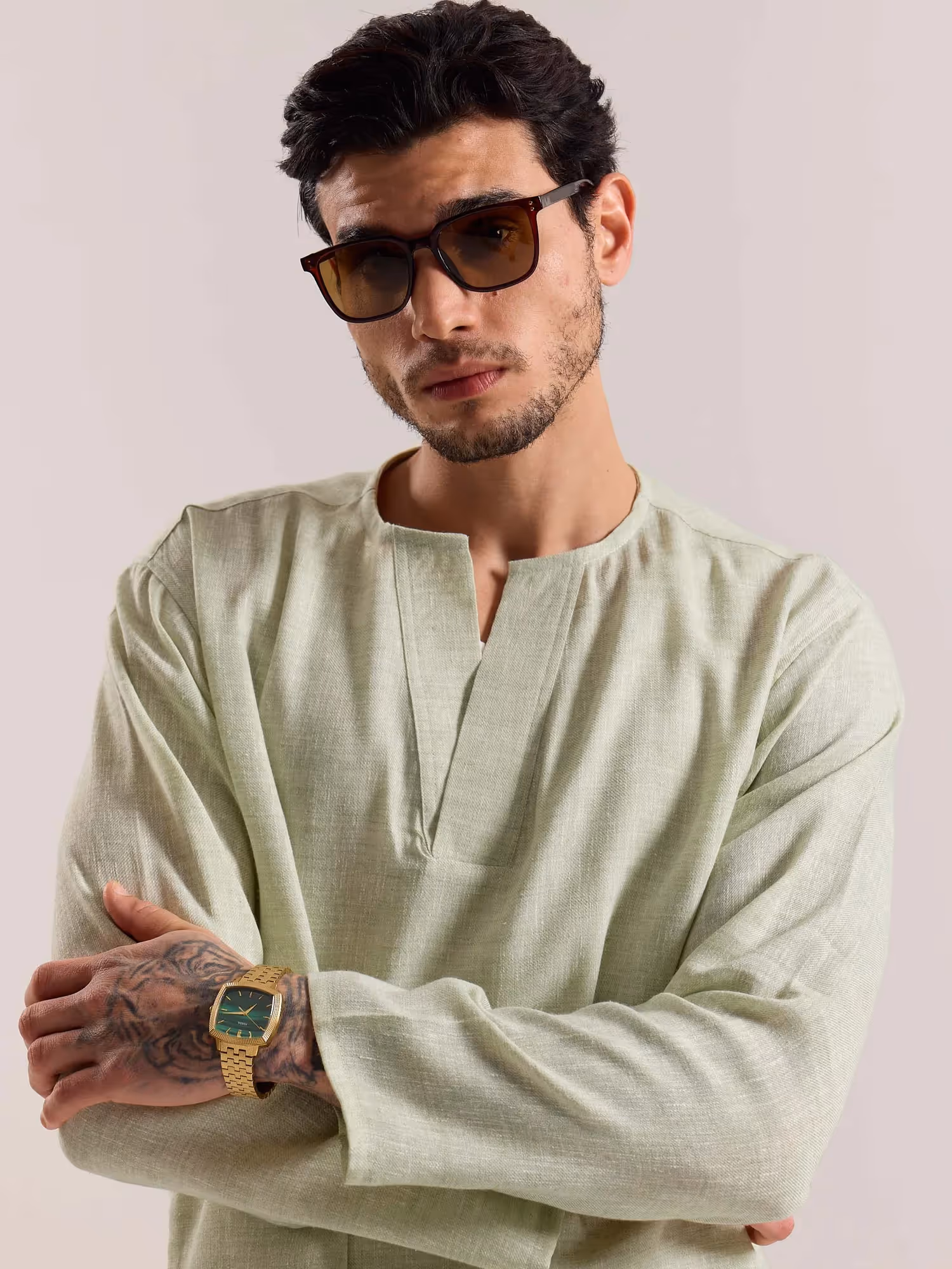 Green Textured Linen Pullover image 5